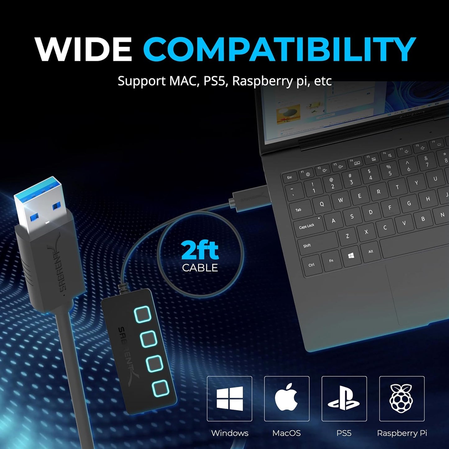 SABRENT 4 3.0 5V/2.5A (HB-UMP3) Port USB Hub with Individual LED Lit Power Switches, Includes Power Adapter