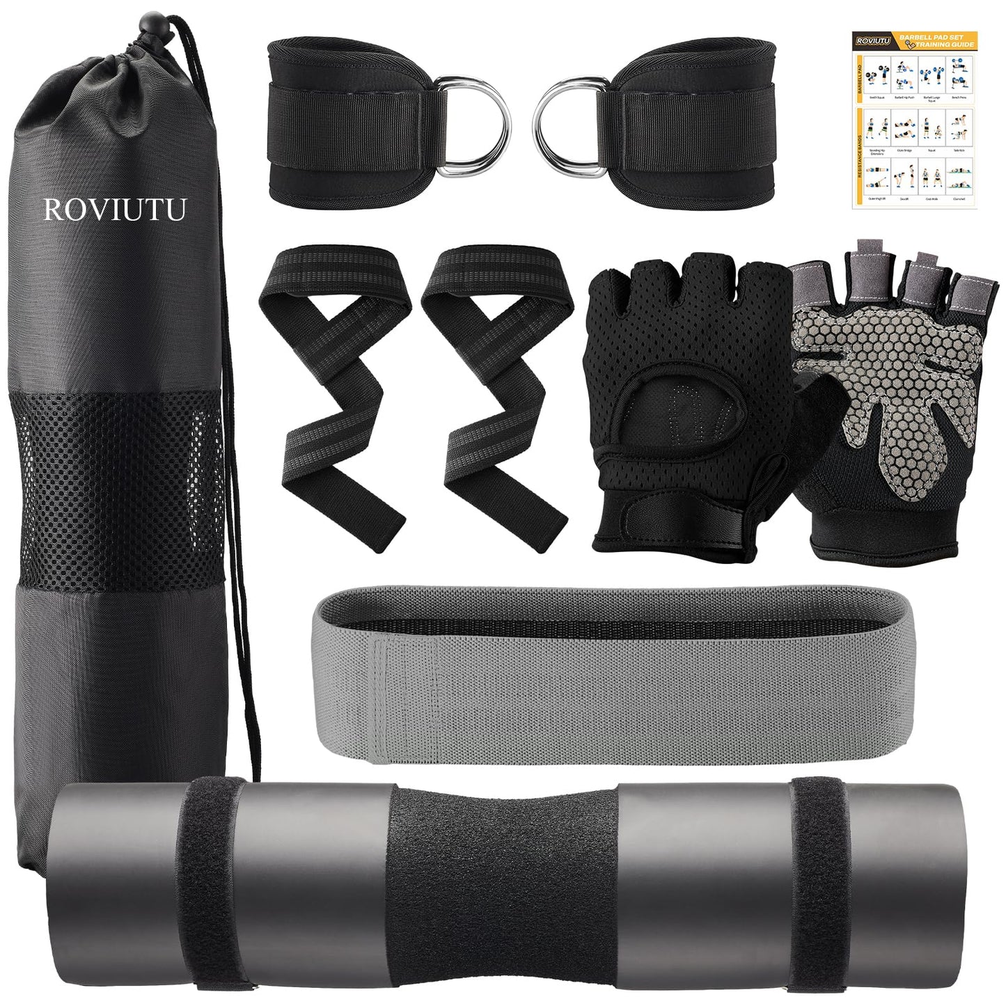 Barbell Pad Set,10 Pcs Barbell pads For Hip Thrust Squat & Lunges Support,With 2 Workout Ankle Straps, 2 Workout Gloves, 2 Gym Straps Weight Lifting, Resistance Bands,Olympic Bar Pad,Carry Bag (Black, Large-Gloves)