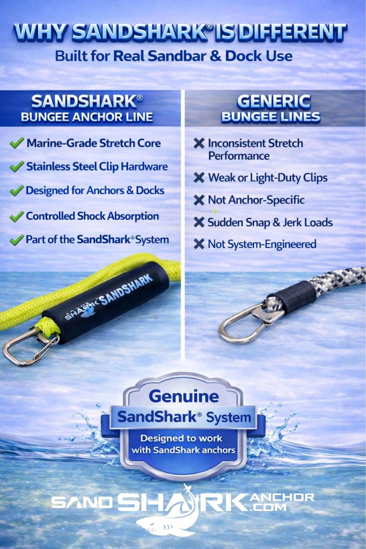 SandShark Premium Anchor Bungee Dock Line. Boat Accessories Anchor Line Absorbs Shock to Anchors and Docks w/Stainless Steel Clip - Neon Green - 7-14ft