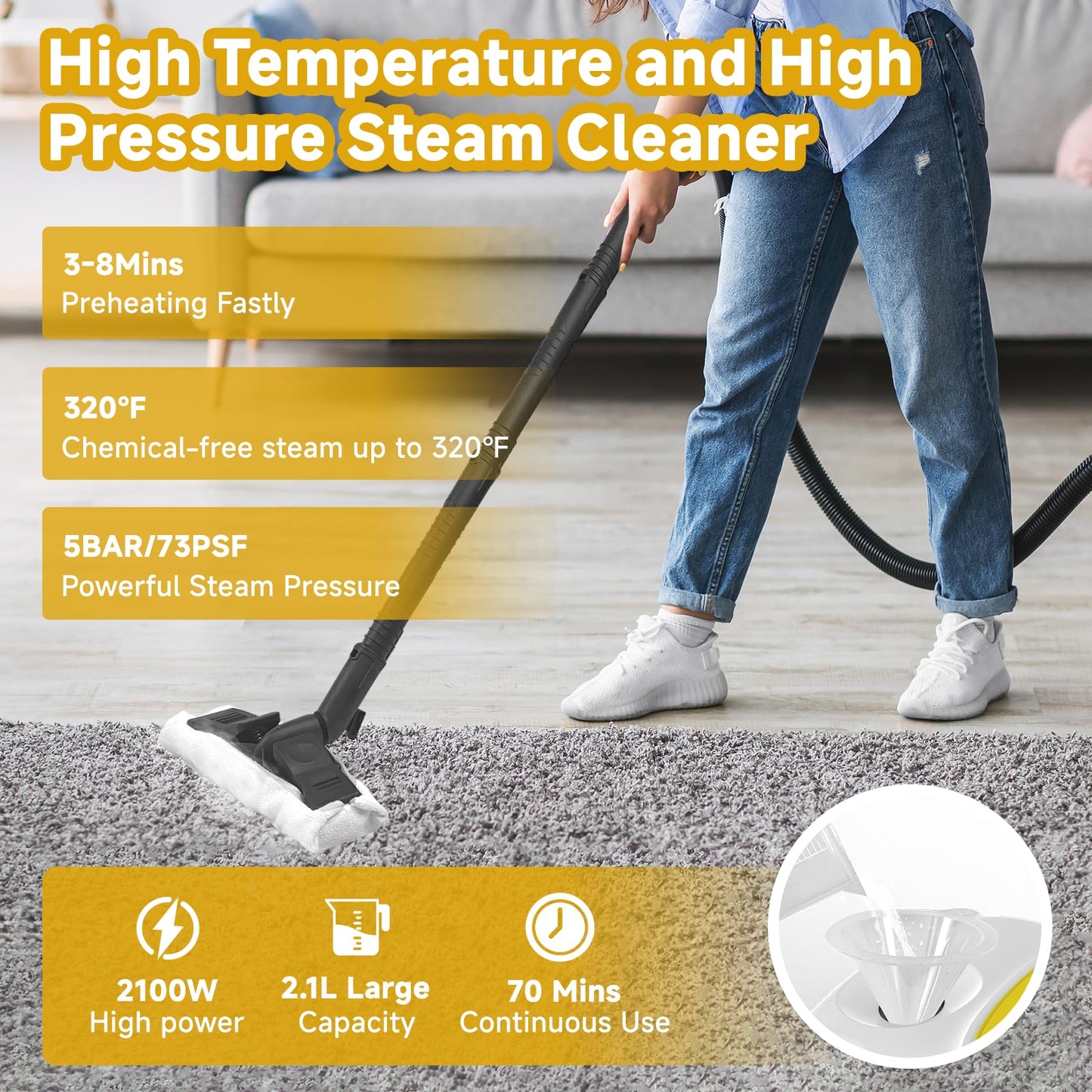 Steam Cleaner,Multipurpose Neat Canister Steamer with 27 Accessories, 5 Mins Heating with 1.5L Tank,Rolling Cleaning Machine for Carpet, Floors,Windows,Mirrors,Glass and Cars (White3)