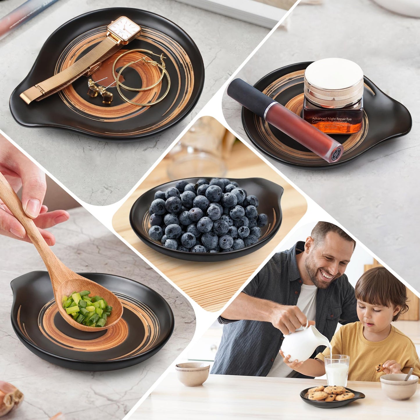 VanlonPro Ceramic Spoon Rest, 5 Inch Spoon Holder for Stove Top, Kitchen Counter, Utensils, Ladle, Coffee Spoons, Cooking spoons, Spatula, Housewarming Gifts, Black & Hand-painted Swirl