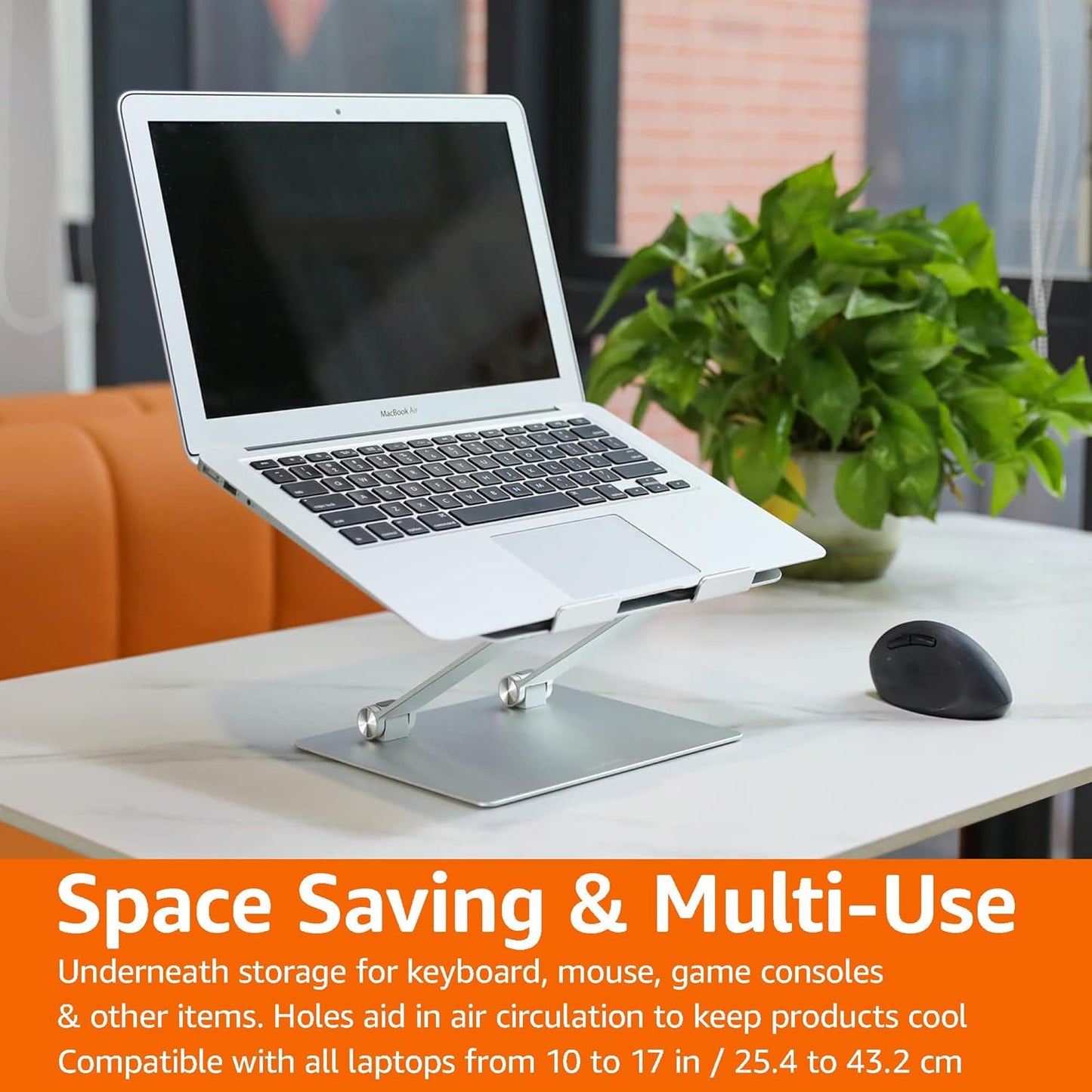 Amazon Basics 15.6 Inch, Sturdy and Portable Ergonomic Laptop Stand for Desk, Height Adjustable Riser with Ventilated