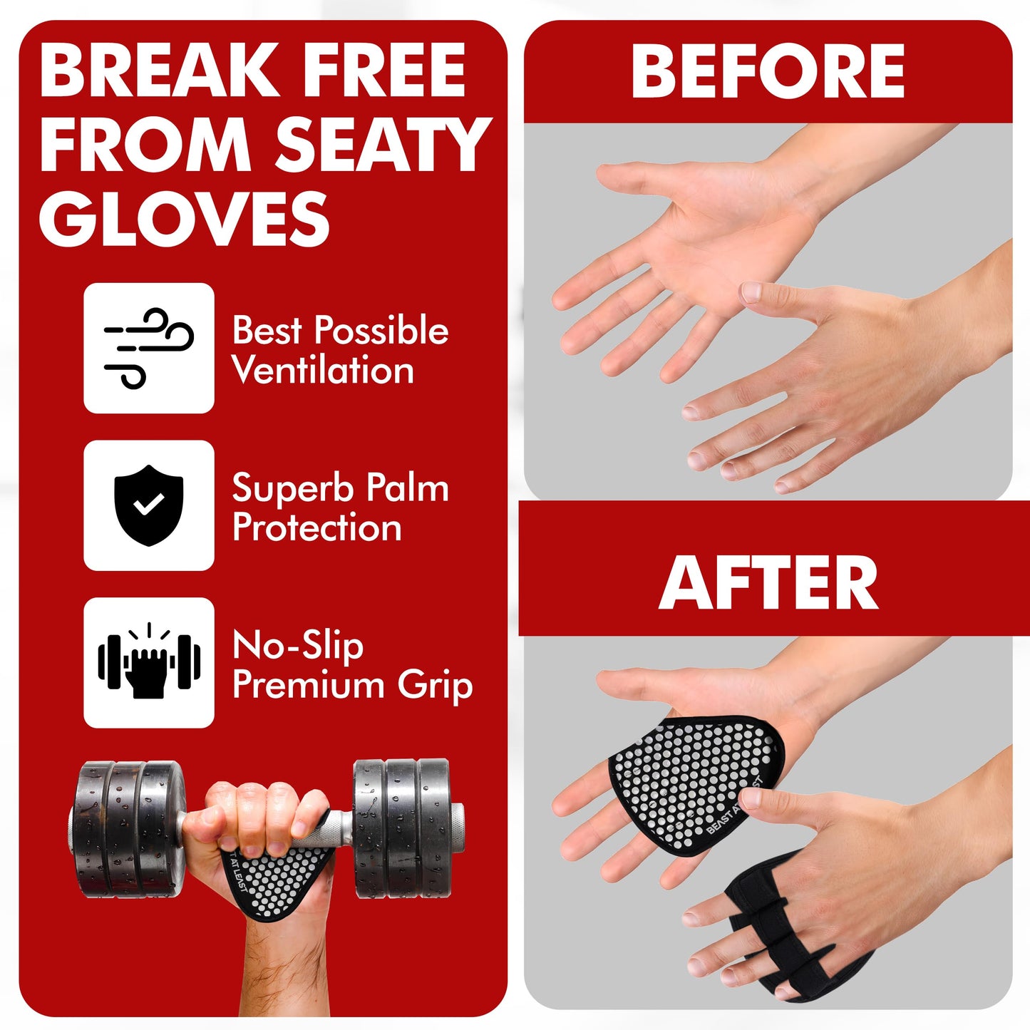 Beast AT Least Grip Pads for Weightlifting & Fitness – Non-Slip, Breathable Palm Protectors for Men & Women – Ideal for Gym Workouts, Cross Training, Pull-Ups & Deadlifts (Black, L/XL)