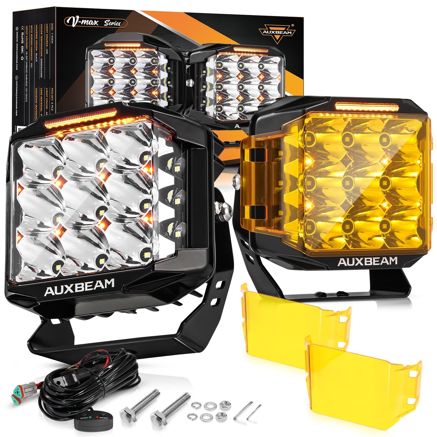 Auxbeam 7" 228W LED Cube Pods Offroad Driving Light with Side Shooter+Auxbeam 7 inch Black Pod Light Covers