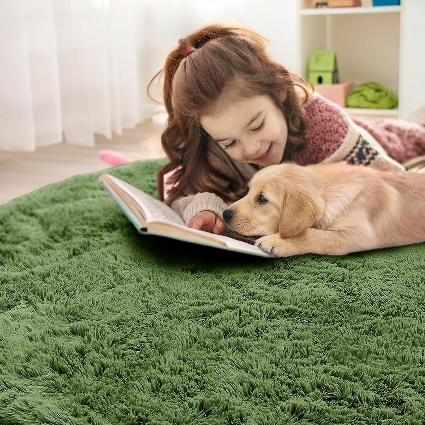 OLANLY Green Round Rug - Soft & Fluffy Shaggy Carpet | Machine Washable, 3 ft Circle for Bedroom & Living Room
