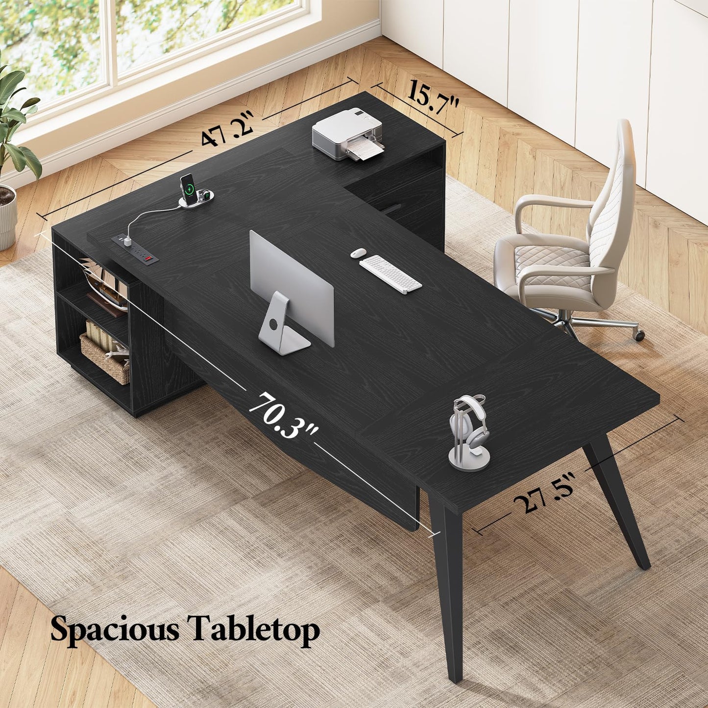 70.3 inch L Shaped Executive Desk with Power Outlets, Large Home Office Desk with Storage Drawers and File Cabinet, Modern Computer Desk with Shelves, Black Business Furniture, Square Tapered Legs