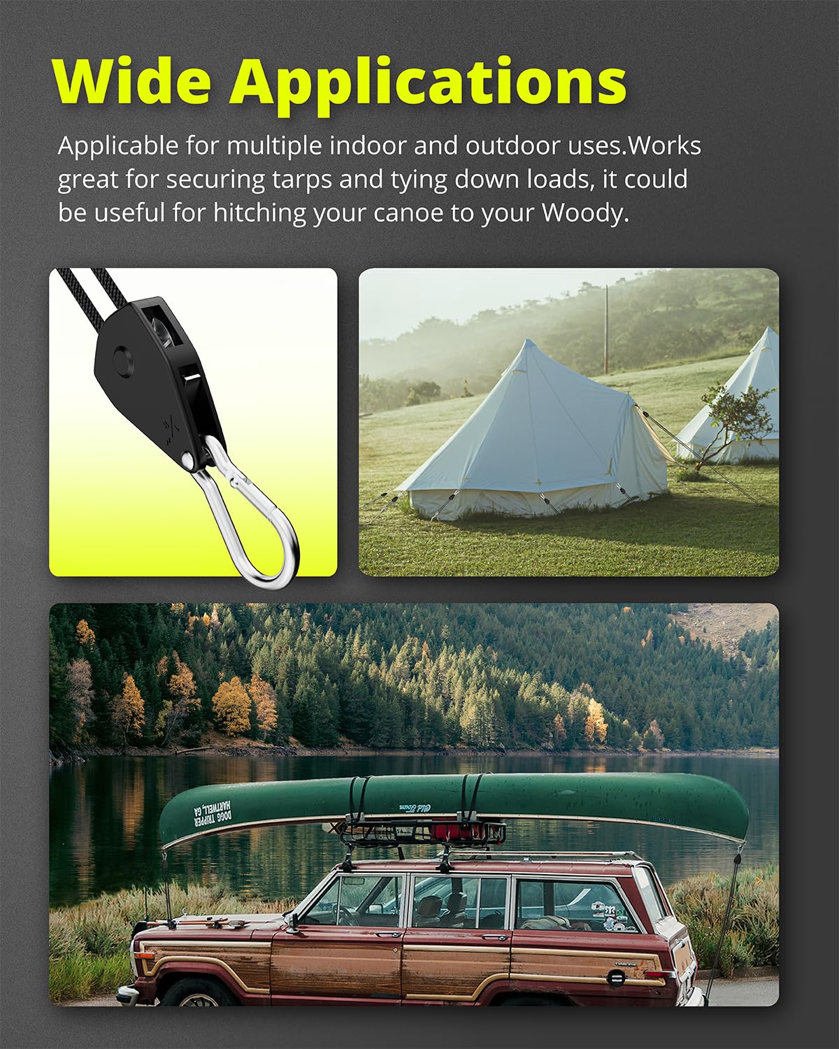ELUFAH Longer 10ft 1/8" Ratchet Straps Hanger Rope Tie-Down Ratchet Outdoor Windproof Rope Roller Adjustable Hanger Grow Light Camping Tent Kayak Paracord 4-Pack