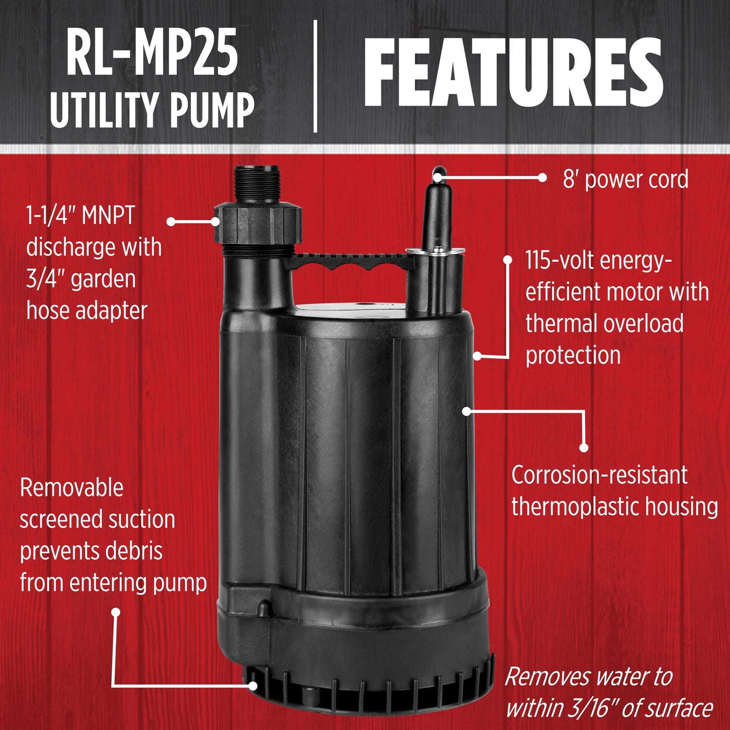 Red Lion RL-MP25 115 Volt, 1/4 HP, 2200 GPH Manual Thermoplastic Submersible Utility Pump, 8-Ft. Cord, Black, 14942732