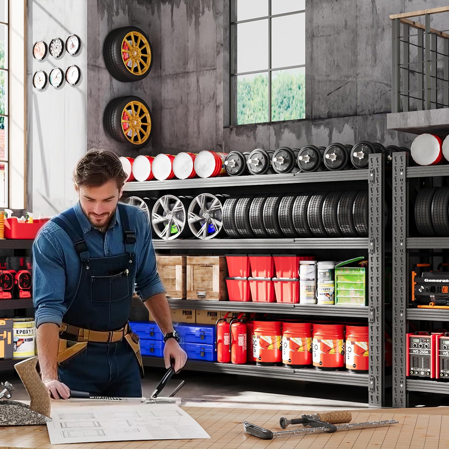 71”W Garage Shelving Units, 5000LBS Storage Shelves Heavy Duty, 24" Deep Metal Shelving Rack, 4 Tier Large Tall Industrial Shelving , Adjustable Standing Shelf for Warehouse / Shop 71"W x 24"D x 70"H