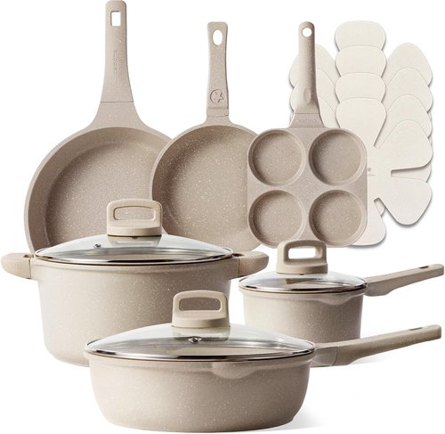 CAROTE 13-Piece Non-Stick Cookware Set - Taupe Induction Pots and Pans with Lids | Kitchen Essentials