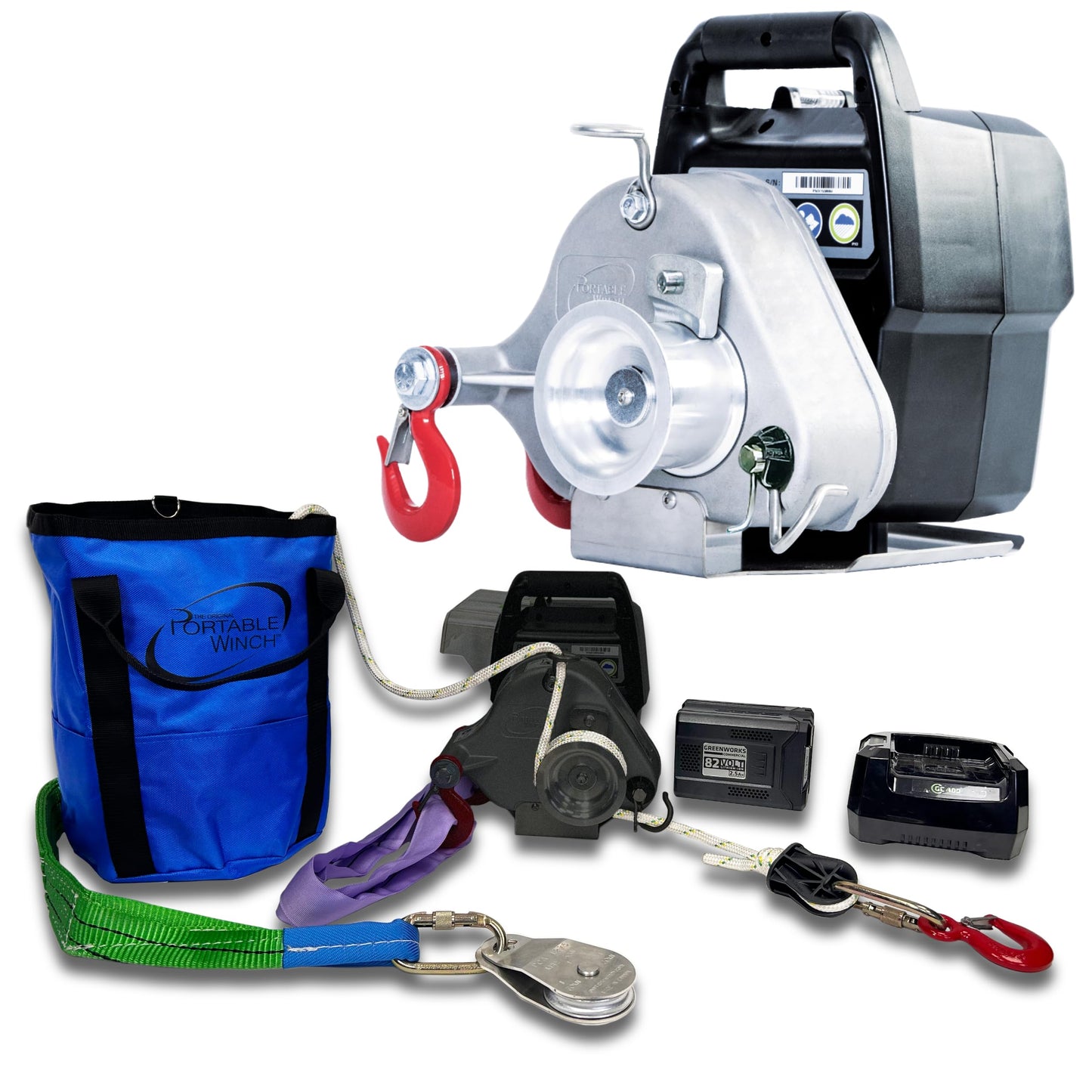 Portable Winch PCW3000-Li-A Battery-Powered Capstan Winch with Accessories - 2,200 lbs Pulling Capacity Winch, Lithium-Ion 80/82 V Batteries Powered, for Hunting, Logging, and Towing