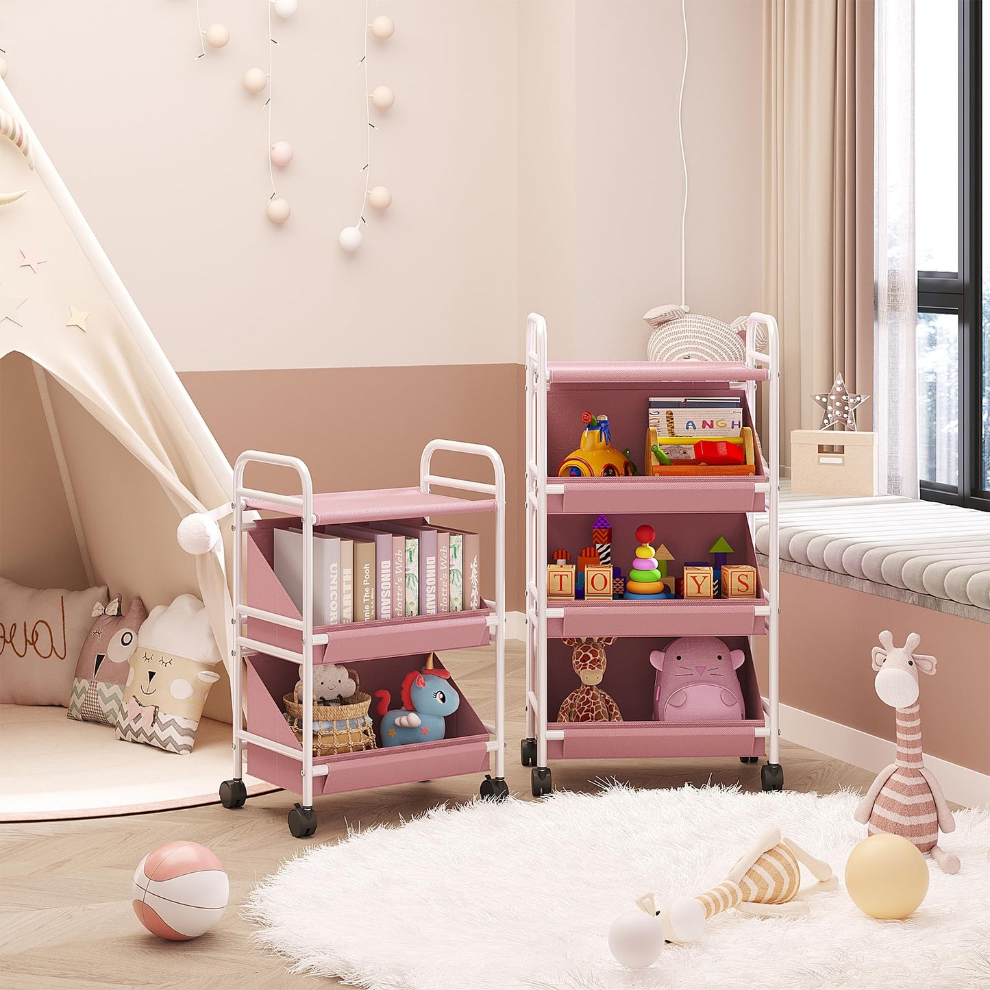 Buzowruil Utility Rolling Fabric Storage Rack Trolley Toy Cart Trolley with 2 Large Storage Boxes,Wheels, Suitable for Bedroom, Living Room, Entryway, Pink