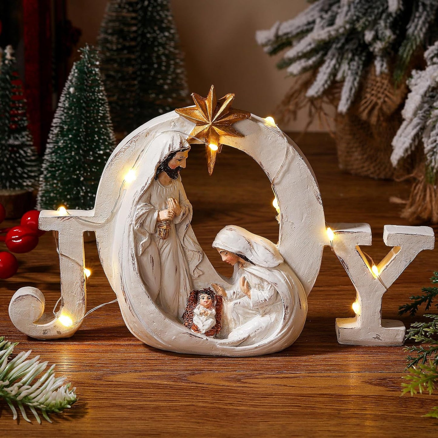 Soaoo Christmas Nativity Scene - LED String Lights & Holy Family Figure Set | Indoor Tabletop Decor