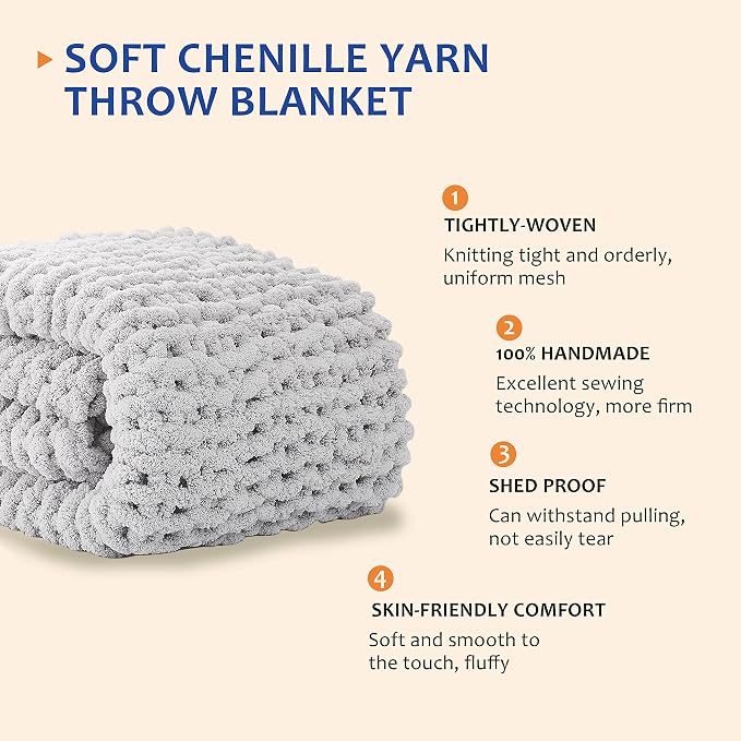 L'AGRATY Chunky Knit Blanket Throw: 60''x80'' Chenille Chunky Knitted Throw Blankets for Twin Bed Couch - Handmade Thick Cable Knit Blanket - Large Crochet Rope Blankets for Home Decor(Grey)