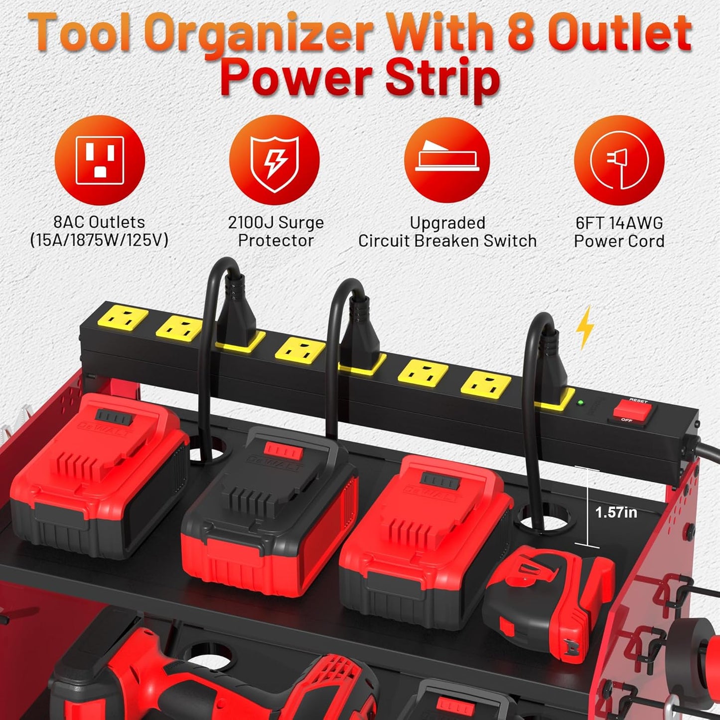 Power Tool Organizer by [Brand Name] - Wall Mount with Charging Station & 8 Outlet Power Strip | Heavy Duty 3-Layer Rack