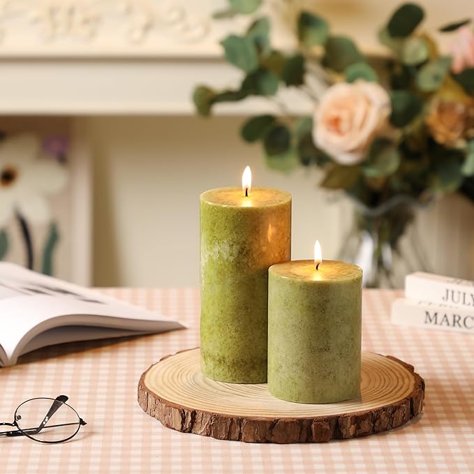 3x6 inch Green Pillar Candles Set of 3, Unscented Pillar Candle, Dripless and Smokeless Large Candles, Candle for Home Decor, Dinner Table,Weddings, Holidays