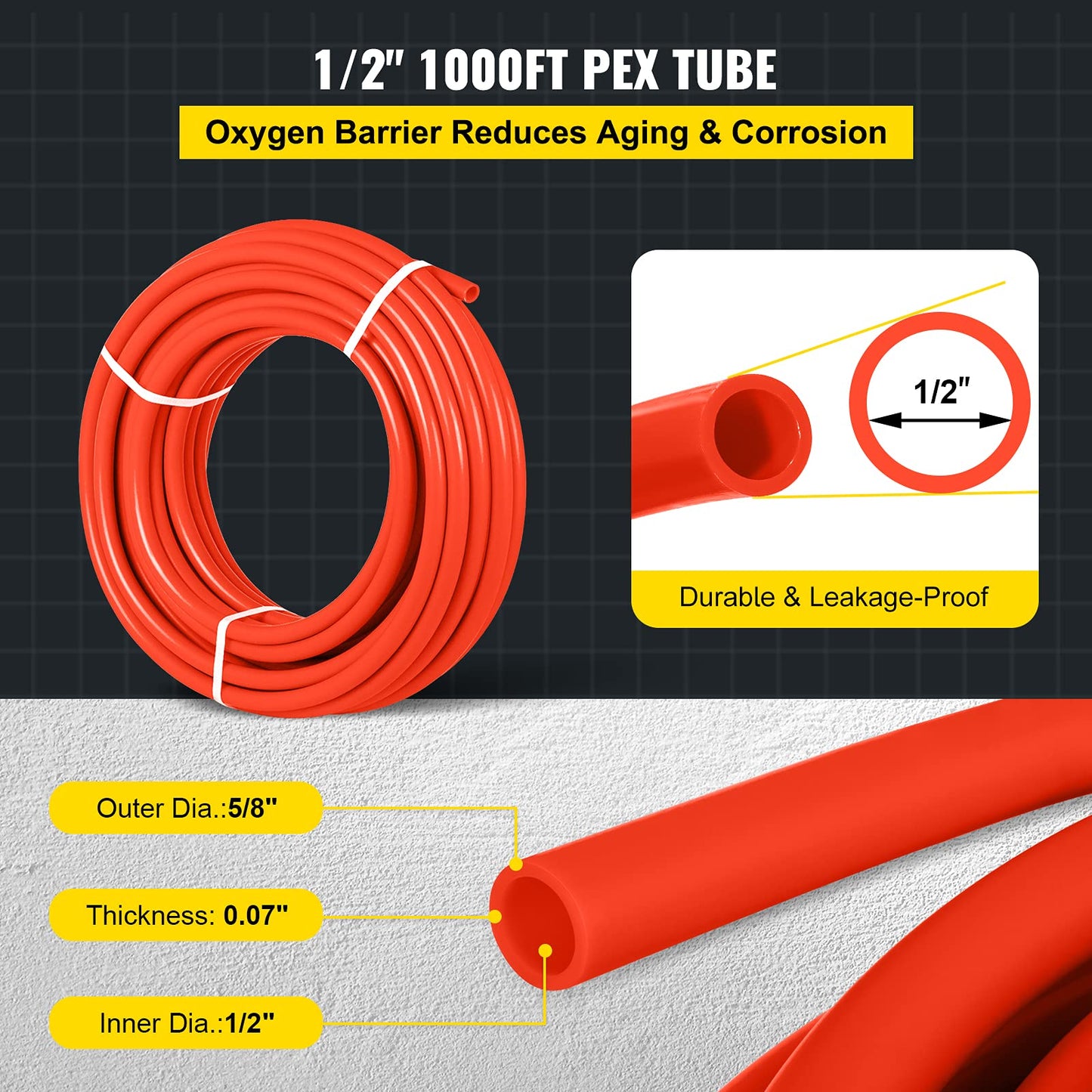 Happybuy 1000Ft PEX Tubing Pipe 1/2" PEX Tubing Oxygen Barrier Radiant Floor PEX Pipe Radiant Heat Floor Heating Plumbing Cold and Hot Water Tubing