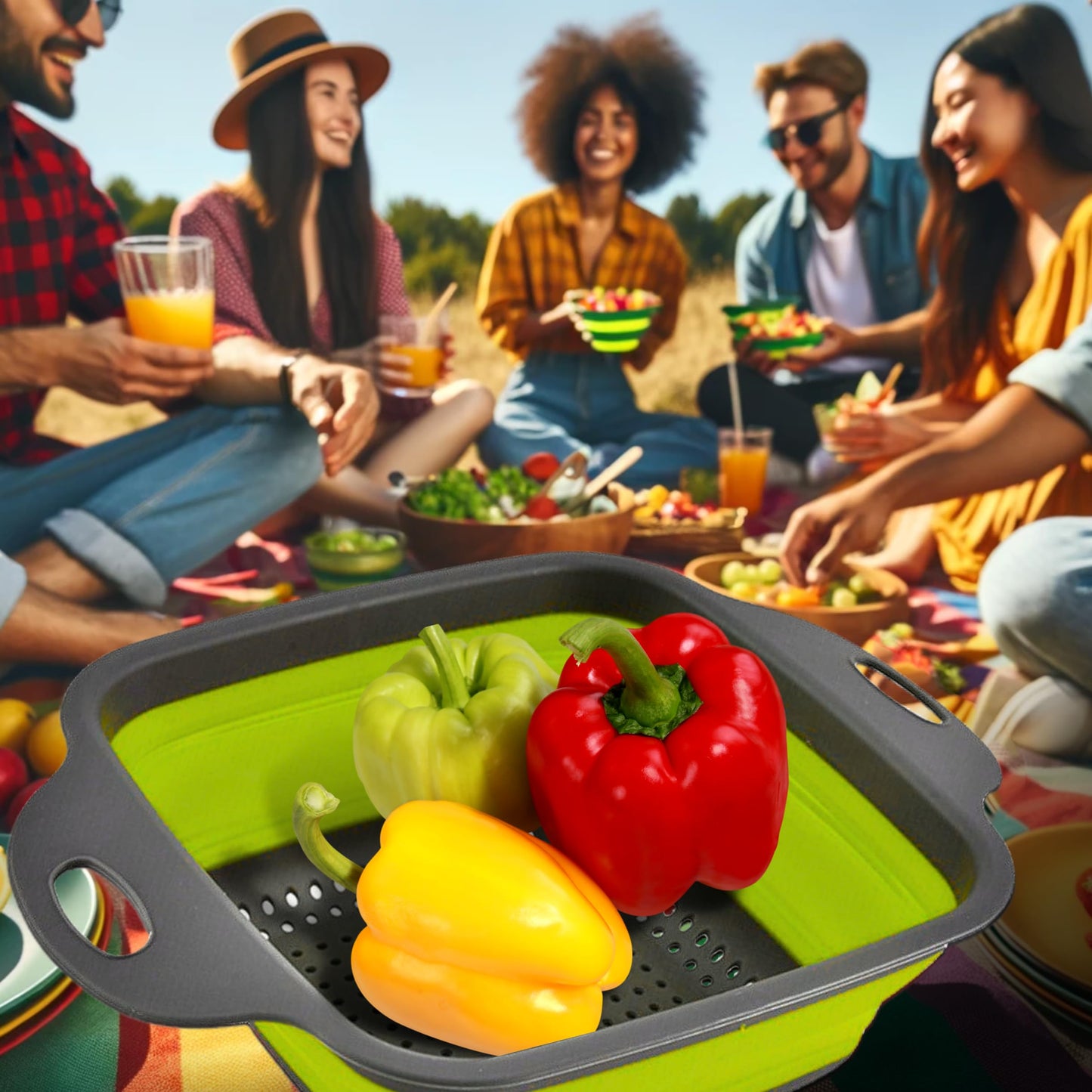 Square Collapsible Colander with Handles – Green Square Silicone Kitchen Strainers with Plastic Handles Foldable Kitchen Strainer Perfect for Draining Pasta Vegetable and Fruit Green