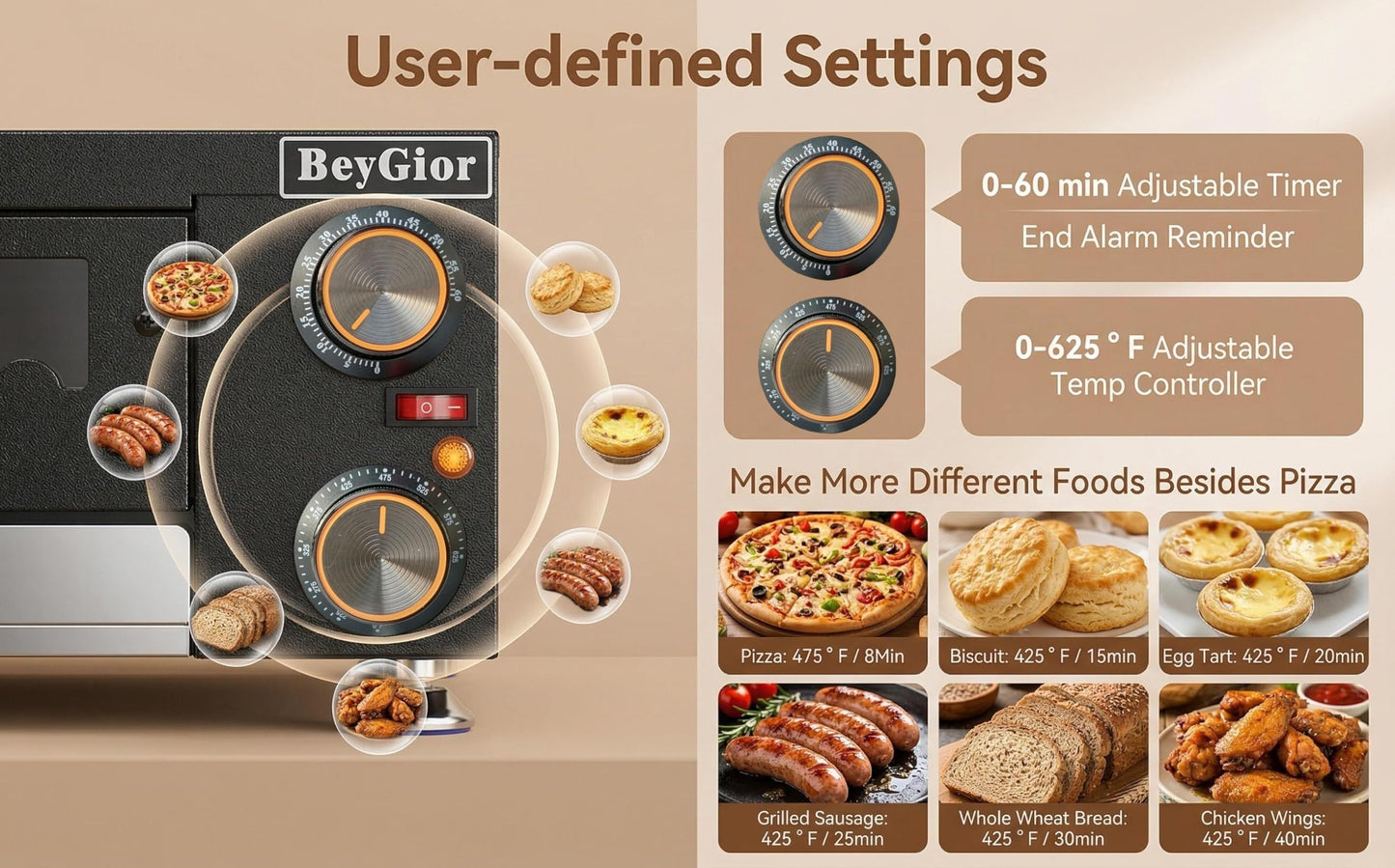 BeyGior Electric Pizza Oven Indoor,12 inch Countertop Pizza Maker with Viewing Window,Stainless Steel Commercial Pizza Oven, Removable Handle,Dual Baking Trays and Oven Mitts