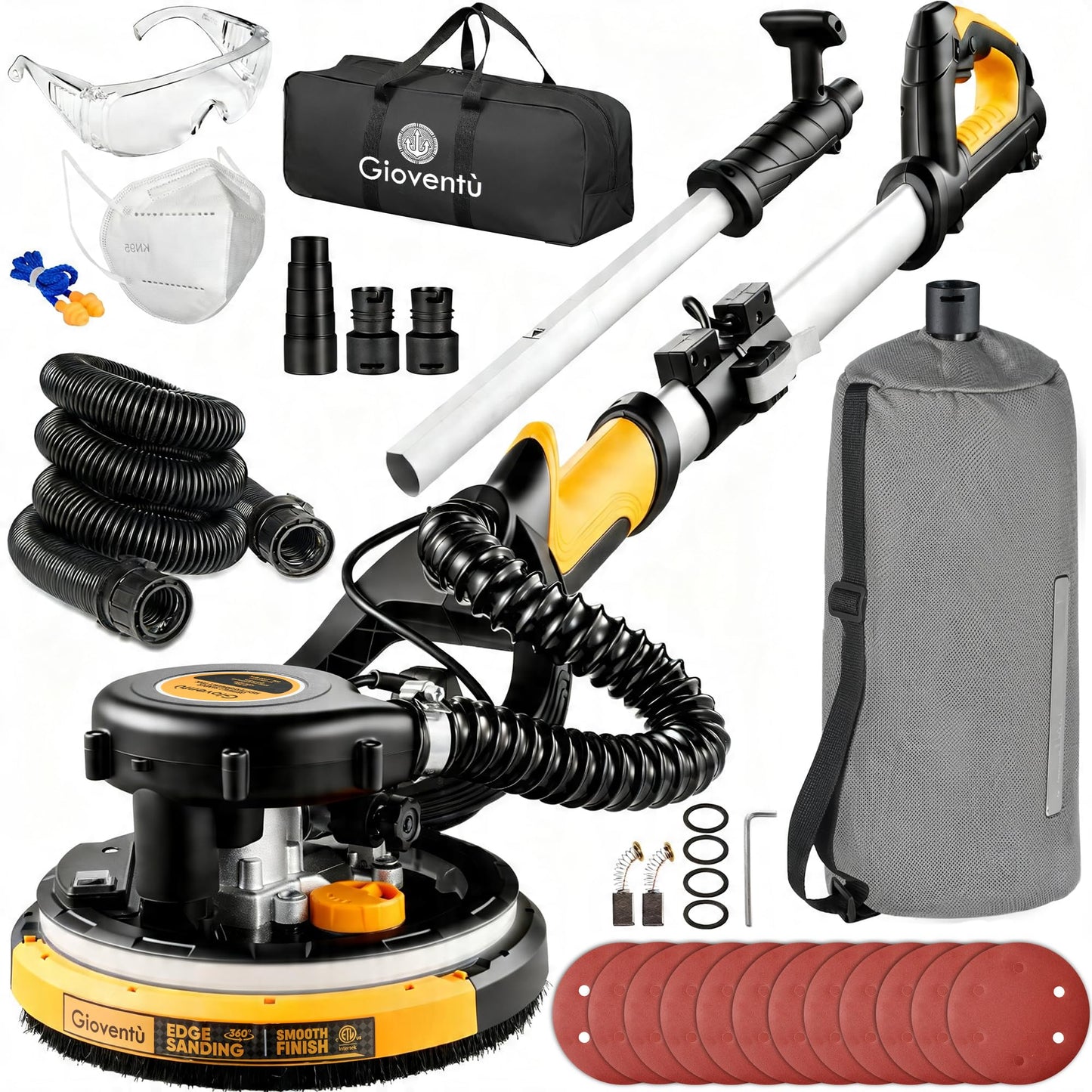 Drywall Sander, 750W Powerful Electric Drywall Sander with Vacuum Attachment, Auto Dust Collection, 7 Variable Speed 900-1800RPM, Dustless Wall Sander with Long Power Cord for Popcorn Ceiling, Drywall