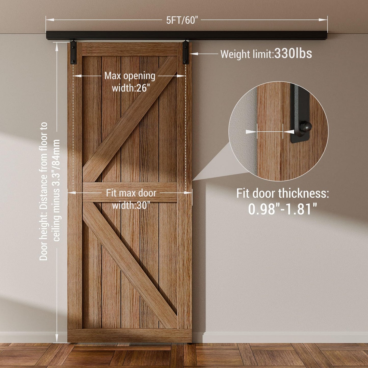 FLYVLIEG 5FT Ceiling Mount Box Rail Barn Door Hardware Heavy Duty Sliding Barn Door Track Kit for Single Door, Aluminum Alloy, Easy Install (No Door)