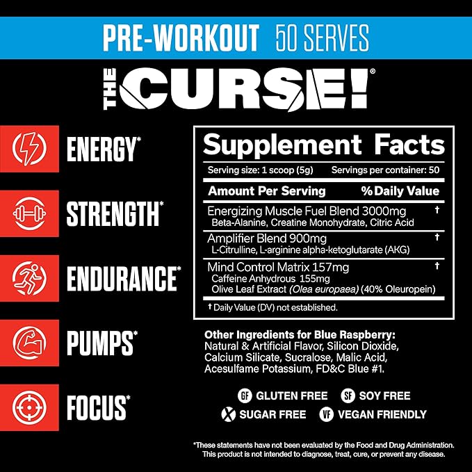 JNX SPORTS The Curse! Pre Workout Powder for Men & Women, Caffeine, Beta-Alanine, Creatine, L-Citrulline, 50 Servings, Blue Raspberry Flavor ??Boost Energy, Strength & Focus