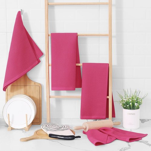 Homaxy Kitchen Dish Towels - Ultra Soft 100% Cotton Waffle Weave, Quick Drying, 13 x 28 Inches, 4-Pack, Hot Pink