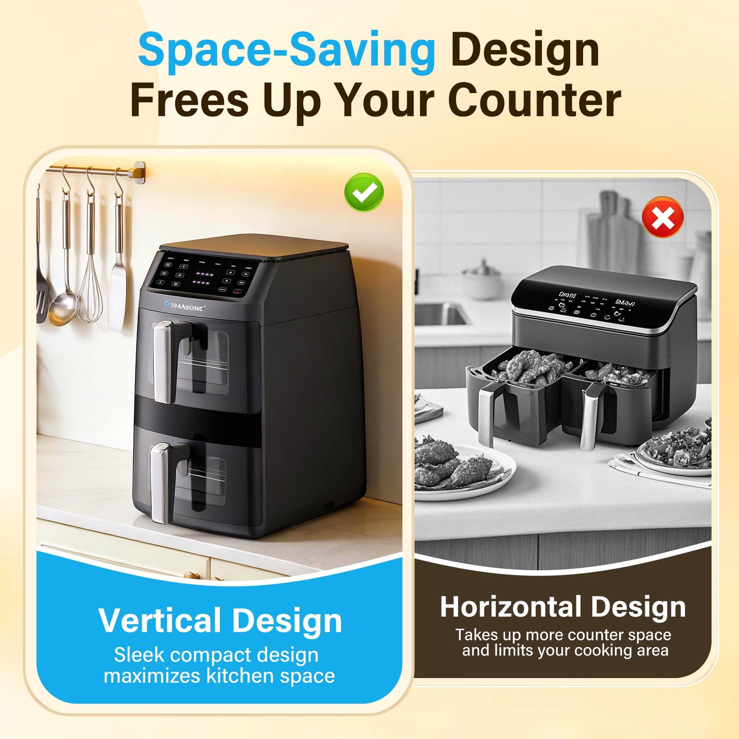 11QT Air Fryer Dual Large Basket Design (Deep Top & Long Bottom) for Whole Chicken & Ribs,430°F High-Heat Broil, 360° Rapid Circulation, 6 in 1 Preset Function, Family Meals, PFAS Free Nonstick