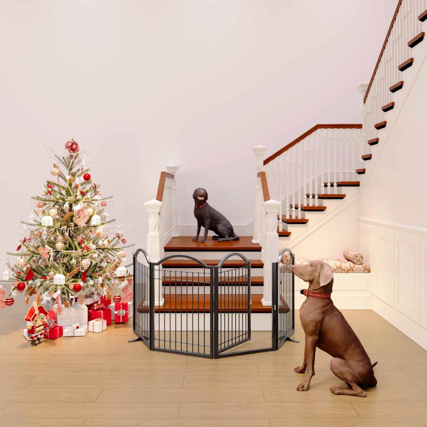 BHG Metal No-Assembly Freestanding Dog Gate with Door Walk Through, Extra Wide 96", Extra Tall 32" Pet Gate, Accordion Puppy Folding Playpen Dog Fence, with 2PCS Support (Black, 4 Panels)
