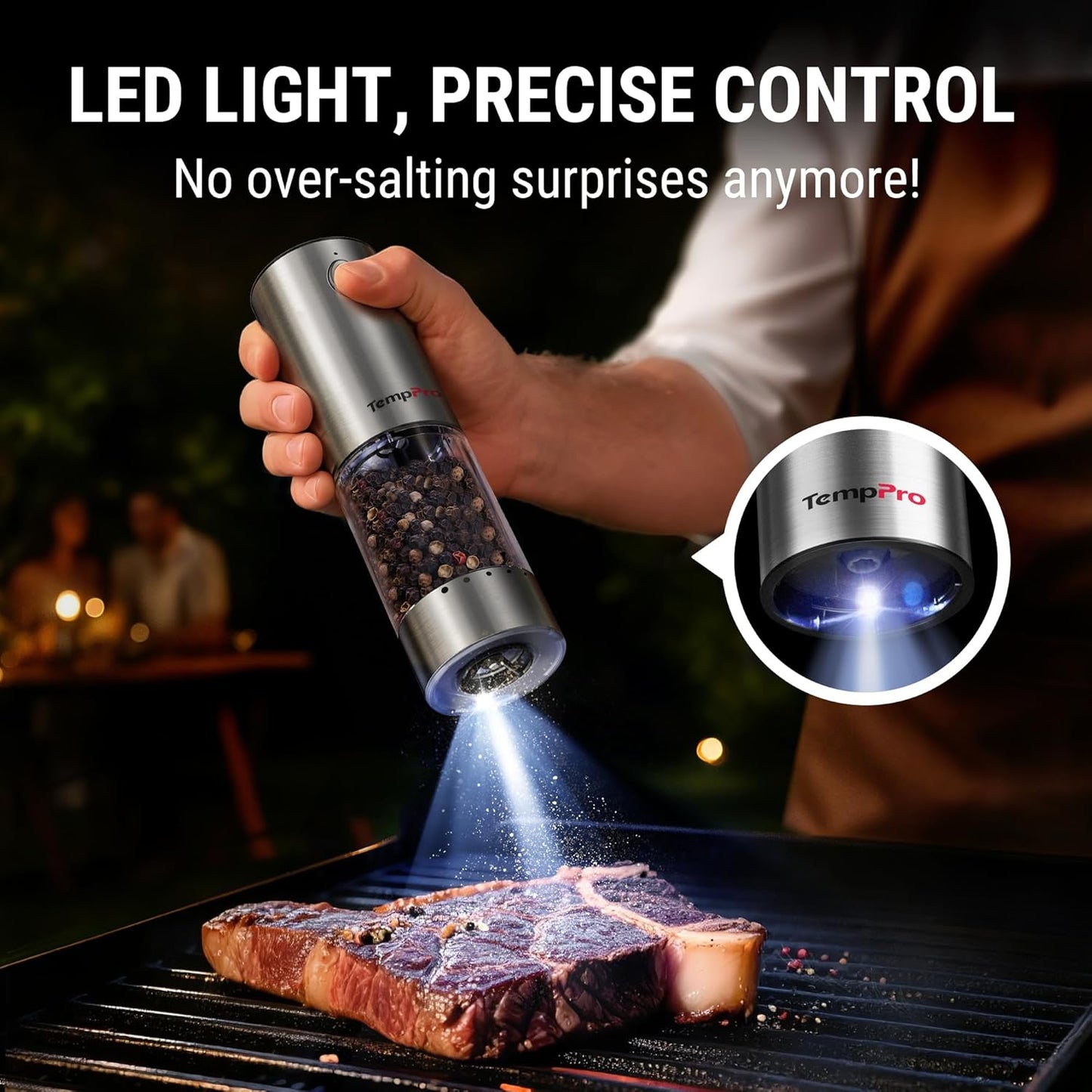 TempPro Electric Salt and Pepper Grinder Set - Rechargeable Automatic Mill with LED | 100ml, 2-Pack