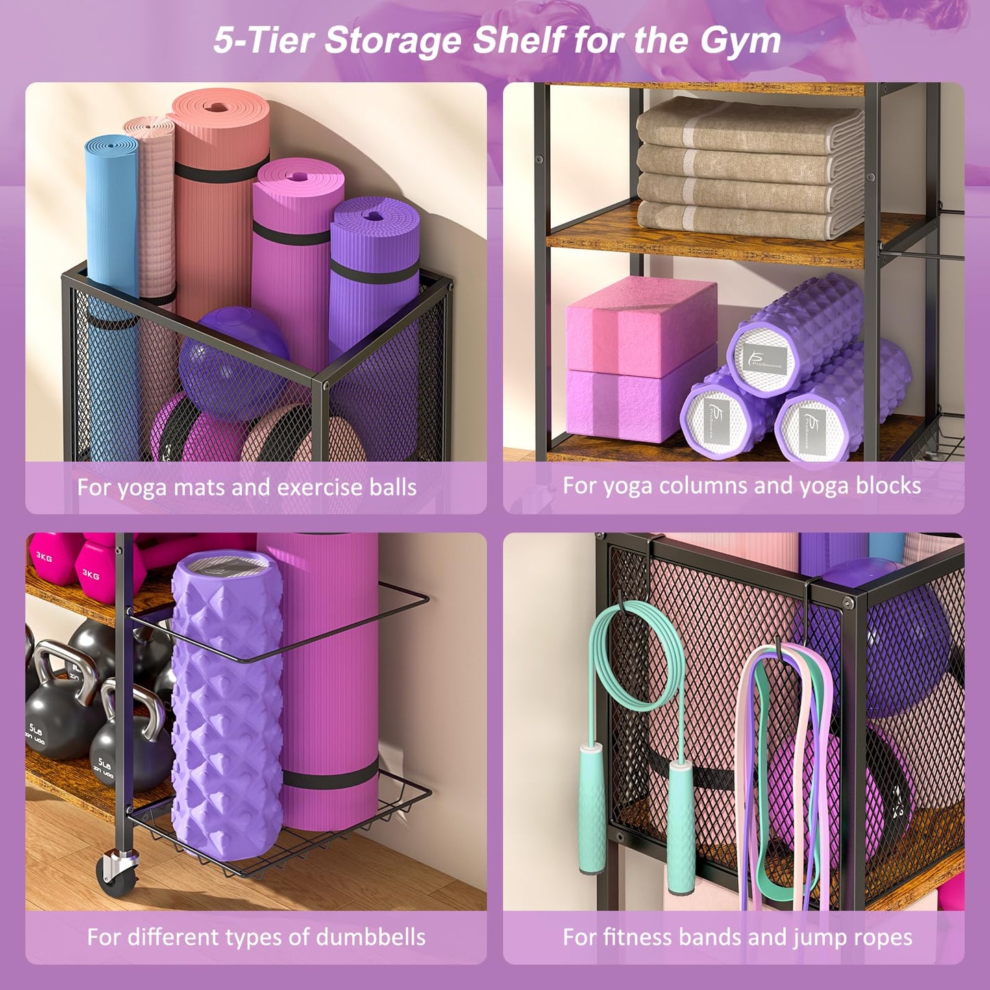 3 Tier Dumbbell Rack, Yoga Mat Storage Holder, Home Gym Storage Rack, Workout Equipment Storage Organizer, Weight Storage Holder Rack with Hooks and Wheels