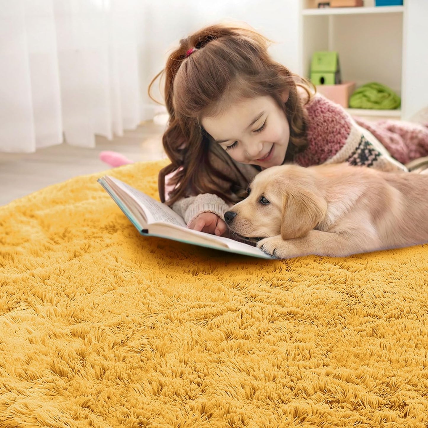 OLANLY Round Mustard Yellow Area Rug - Soft, Fluffy, Machine Washable 3 ft Circle Carpet for Bedroom & Living Room Decor