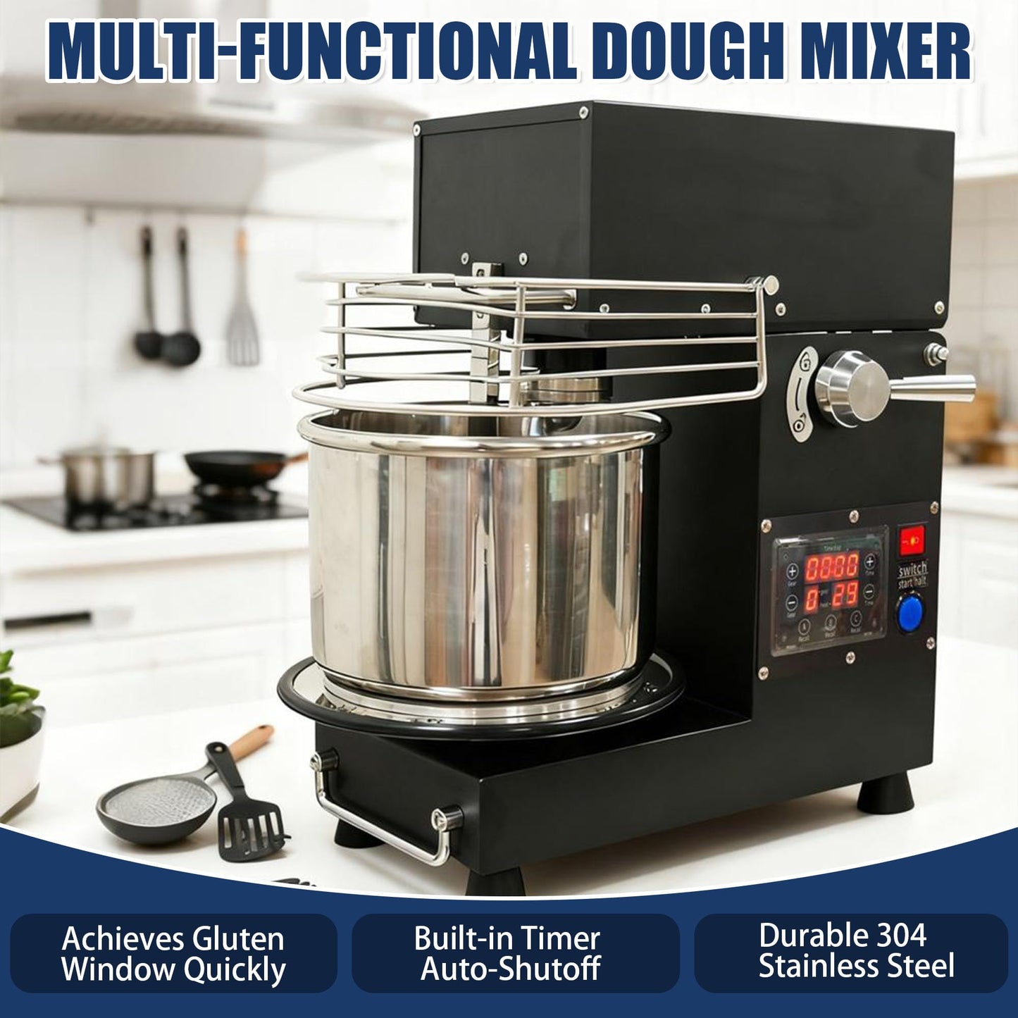 USAJZM 5.2-Quart Commercial Dough Maker, Electric Kitchen Stand Mixer, Heavy-Duty Bread Kneader Machine with Stainless Steel Bowl, Beaters for Baking Pizza, Pasta and Food Mixing