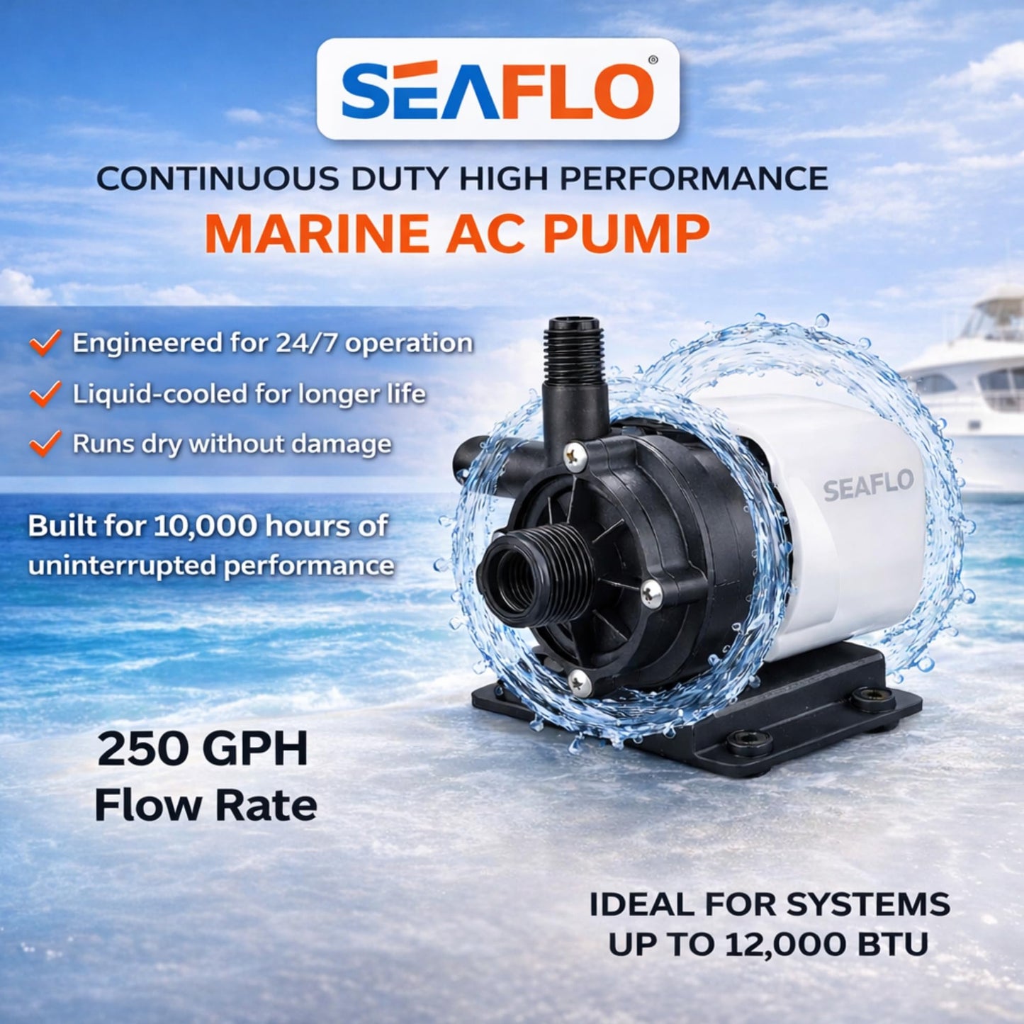 SEAFLO 250 GPH Marine AC Seawater Air Conditioning Pump - 115V AC 5 GPM Magnetic Drive Circulation for Systems up to 12000 BTU 13 ft Head Continuous Duty HVAC 4-Year Warranty