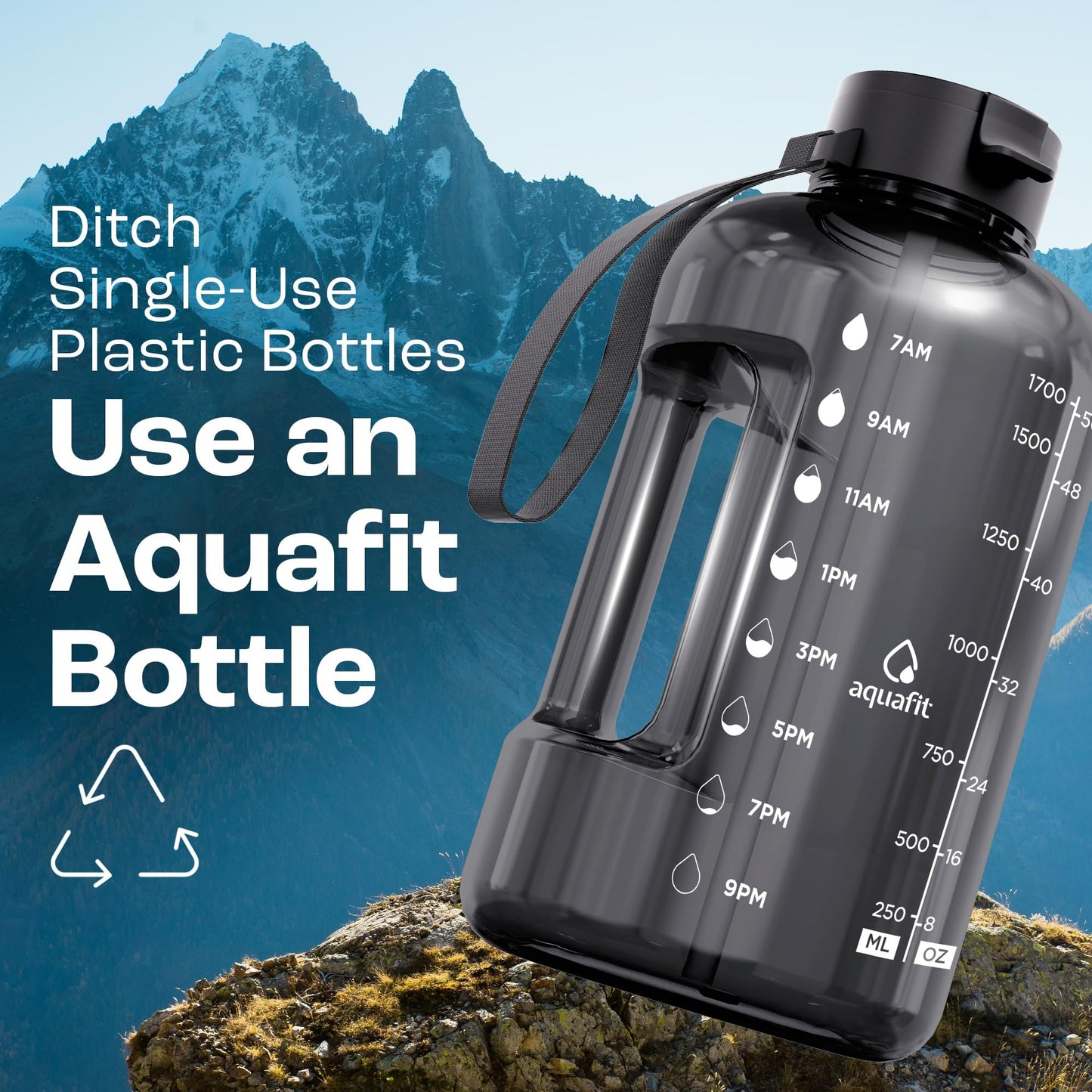 AQUAFIT 64 oz Water Bottle with Time Marker - Straw & Chug Lid - BPA Free Half Gallon Gym Water Bottle with Handle - Big Gallon Jug (Galaxy, 64 Ounces)