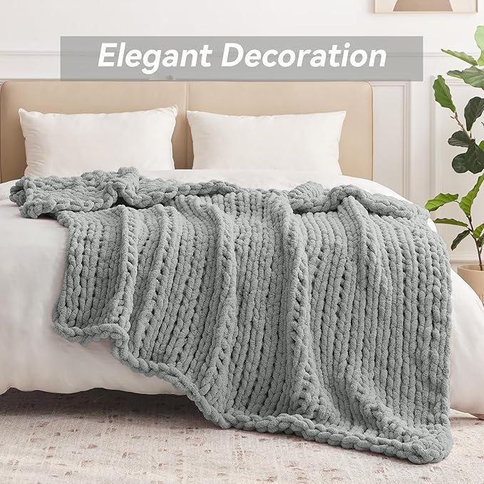 Negwoo Chunky Knit Throw Blanket, 60''*80'' Knitted Throw Chenille Yarn for Bed Couch, Handmade Light Grey Crochet Big Thick Blanket, Machine Washable Cute Comfy Blanket for Home Decor
