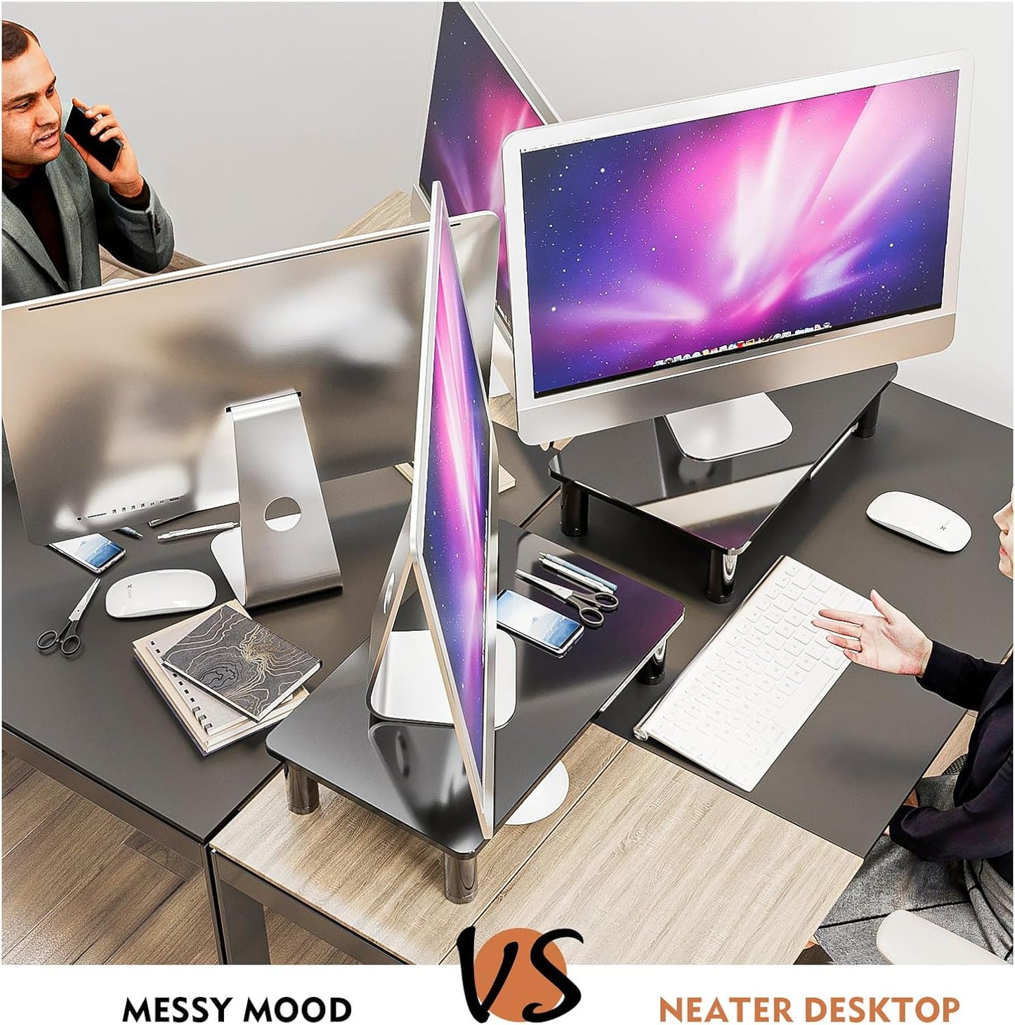2 Pack HD01B-202 Hemudu Computer Monitor Stand Riser with Height Adjustable Multi Media Desktop Stand for Flat Screen