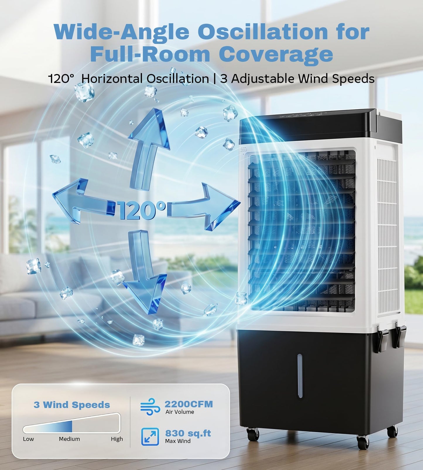 AKIRES 2200CFM Swamp Cooler,Evaporative Air Cooler with 8.0-Gal Water Tank, 4 Ice Packs, Portable Air Conditioners with Remote Control,12H Timer,Evaporative Cooler for Indoor,Outdoor Use (40IN)