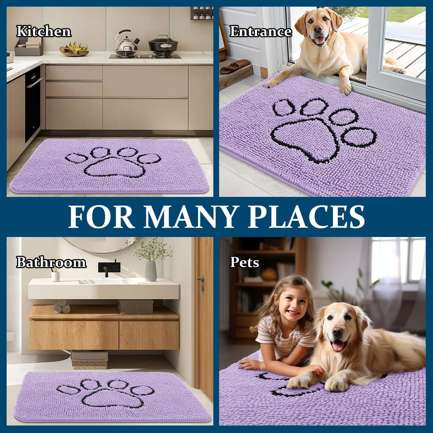 OLANLY Dog Door Mat - Absorbent Non-Slip Muddy Paws Design | 48x30 Lavender Chenille Doormat