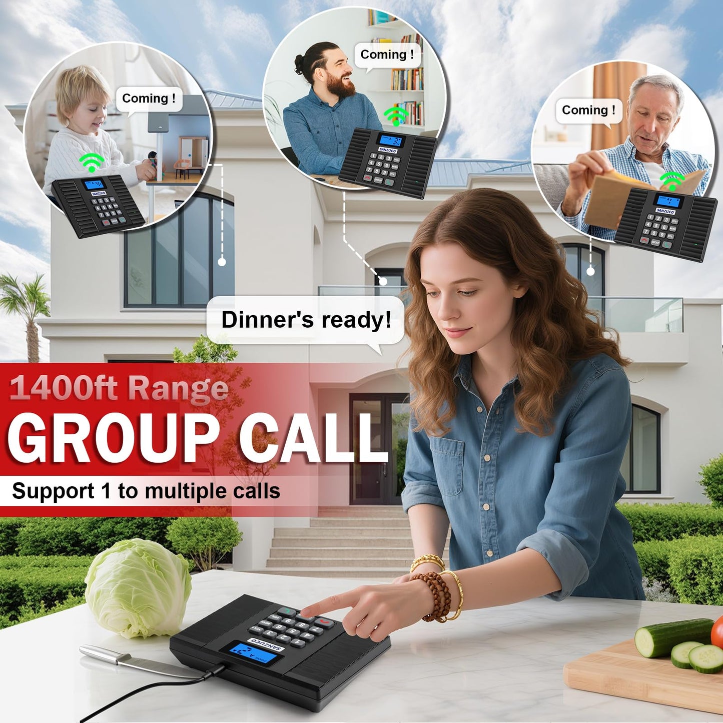 SANZUCO 60D Intercoms Wireless for Home, 18 Channel Hands-Free Intercom System for House, Full Duplex 1400ft Multi-Floor Home Intercom System for Business with Group Call, Auto Answer(9 Stations)