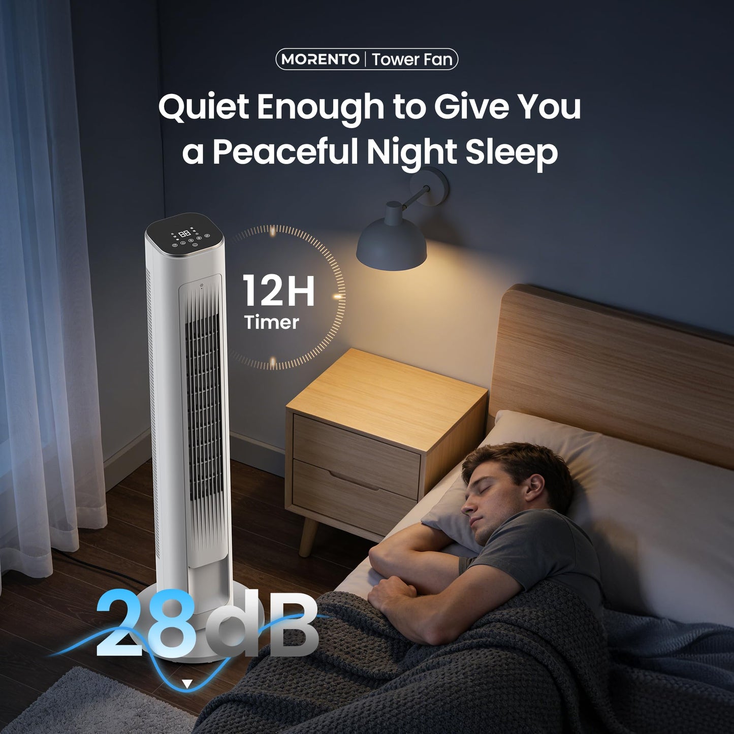 MORENTO Tower Fan for Bedroom, 2026 Upgraded 90° Oscillating 43" Standing Fan with 4 Speeds, 4 Modes, 25ft/s Velocity Bladeless Fan with APP/Voice/Remote/Touch Control, 28dB, 12H Timer, White 1Pack