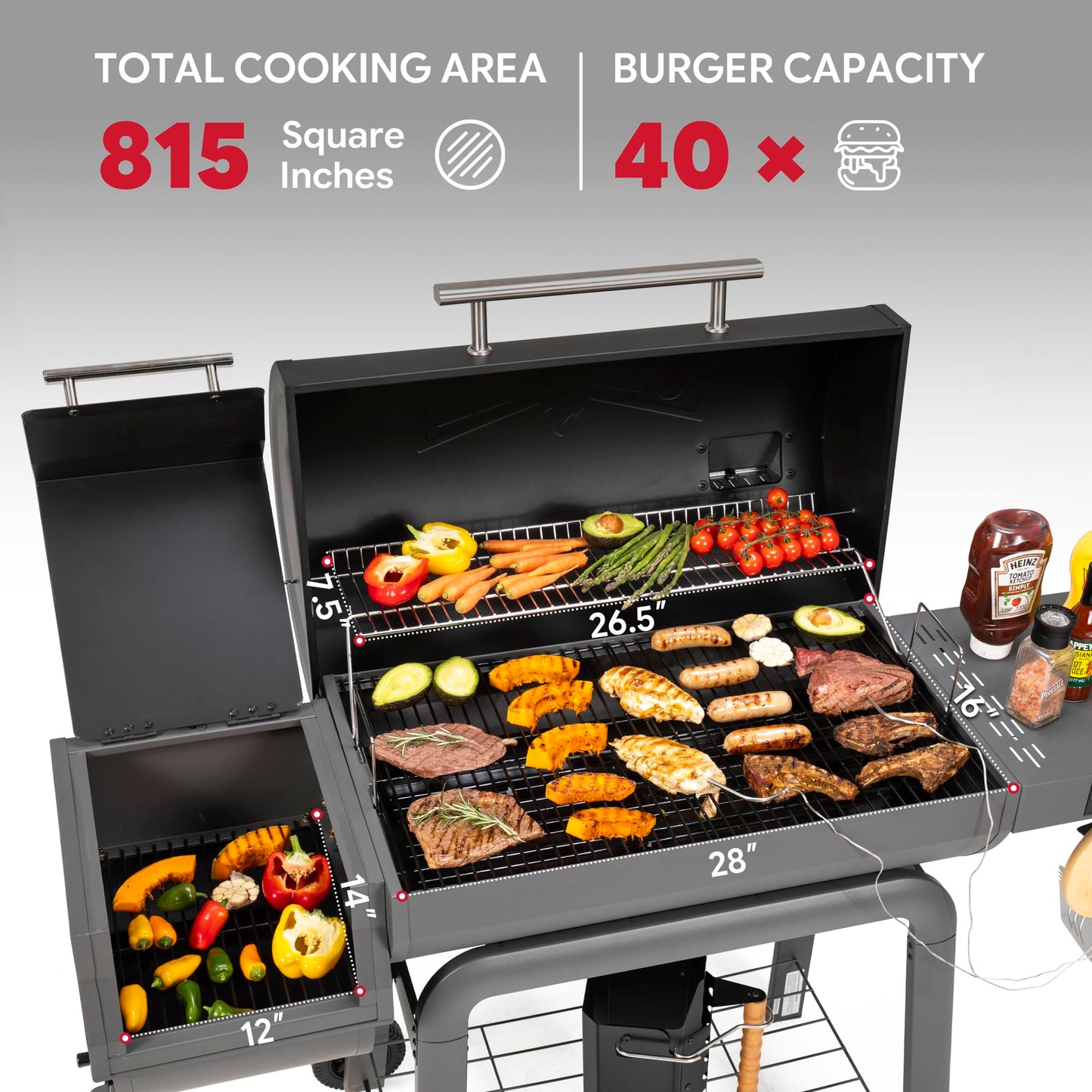 Feasto 30-Inch Heavy-Duty Charcoal Grill with Digital Temperature Control & 2 Meat Probes, Outdoor BBQ Grill with Offset Smoker, 832 Sq. In. Cooking Space for Backyard BBQ, Black & Grey