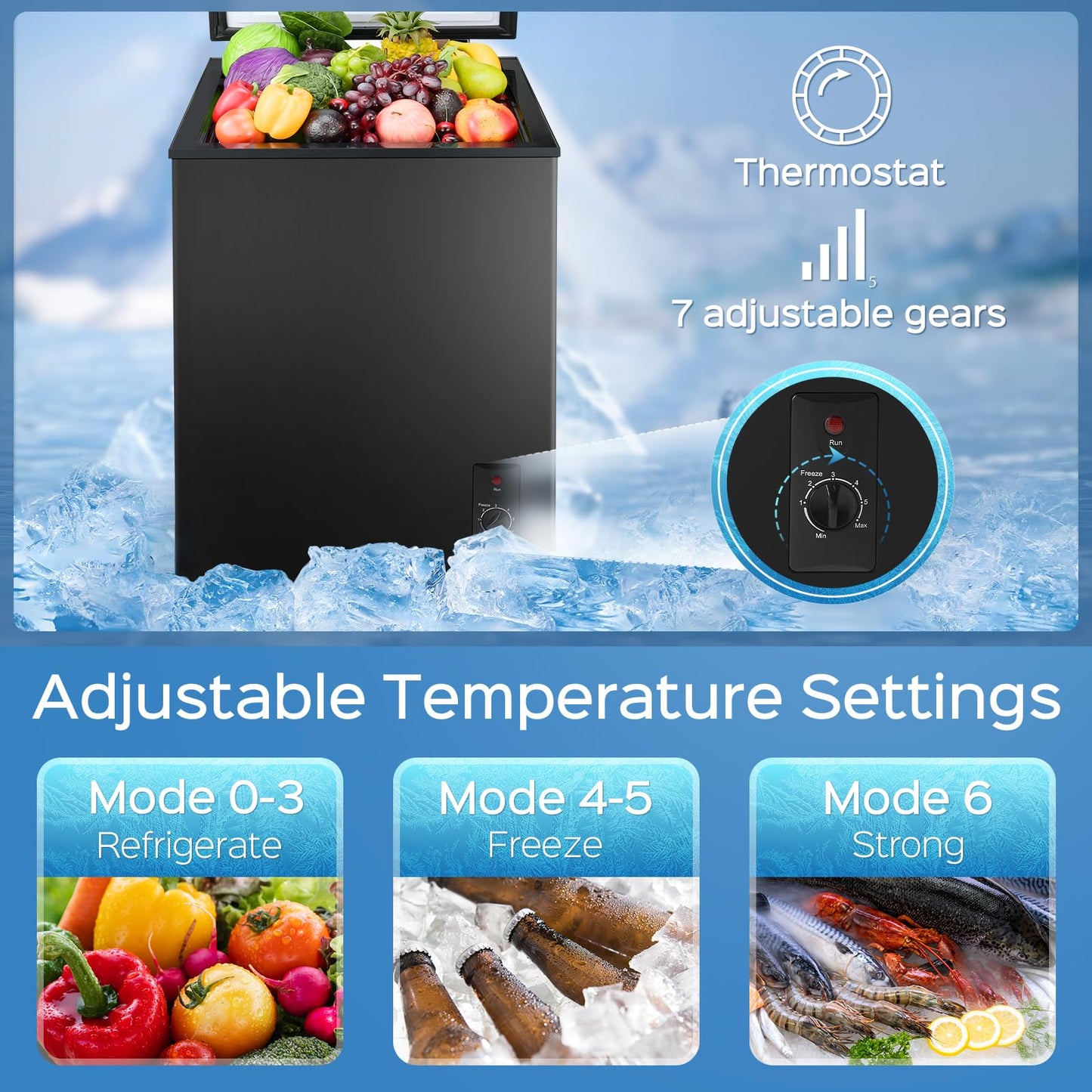 Anypro Chest Freezer 4.5 Cu.Ft, FreeStanding Top Door Compact Small Deep Mini Freezer with Removable Basket, 7 Adjustable Temperatures for Garage Dorm Apartment RV Kitchen Business, Black