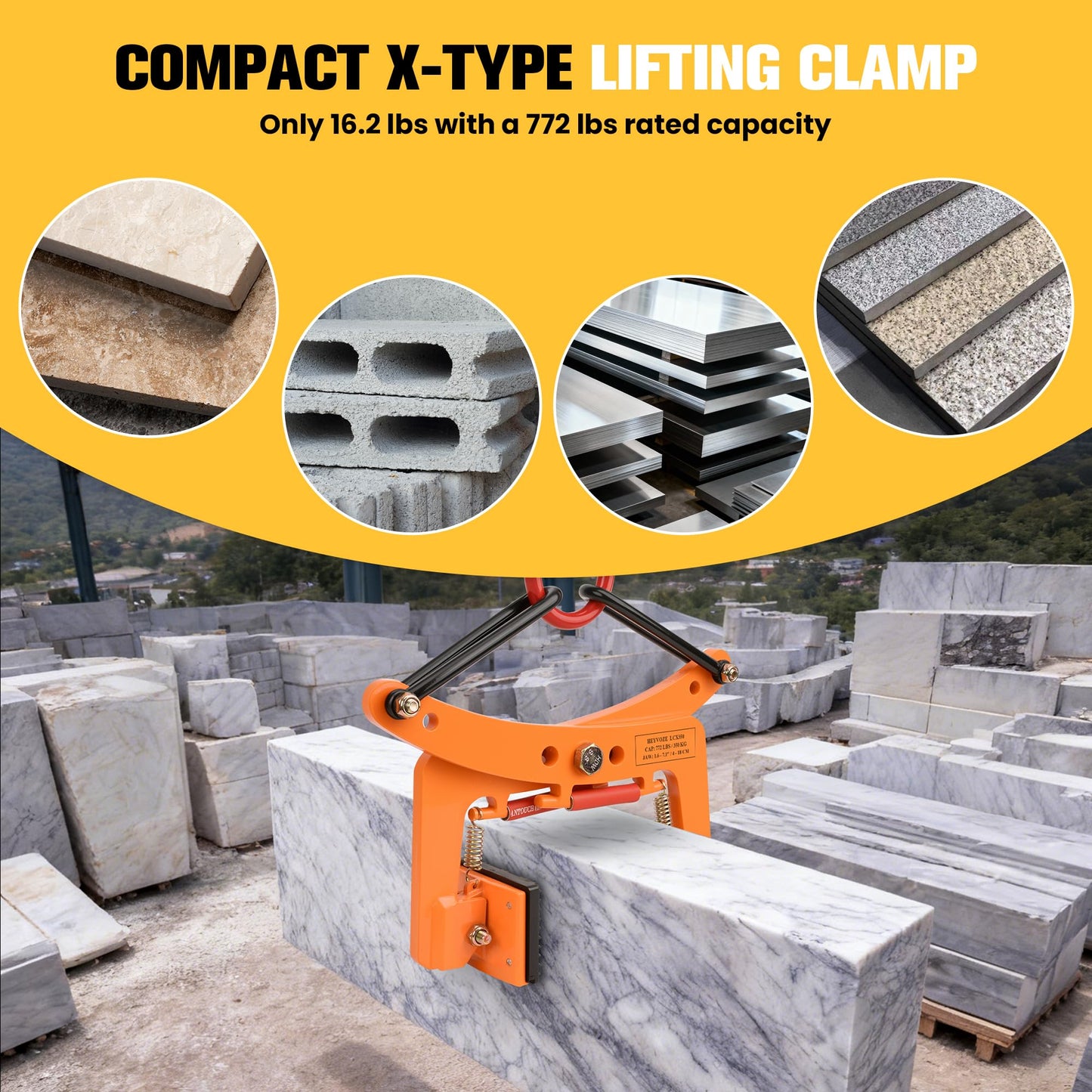 HEYVOZE 772 lbs Granite Slab Lifting Clamp, 1.6-7.1 in Opening X-Type Stone Lifting Clamp, Lightweight yet Sturdy Design for Granite, Marble, and Concrete Handling