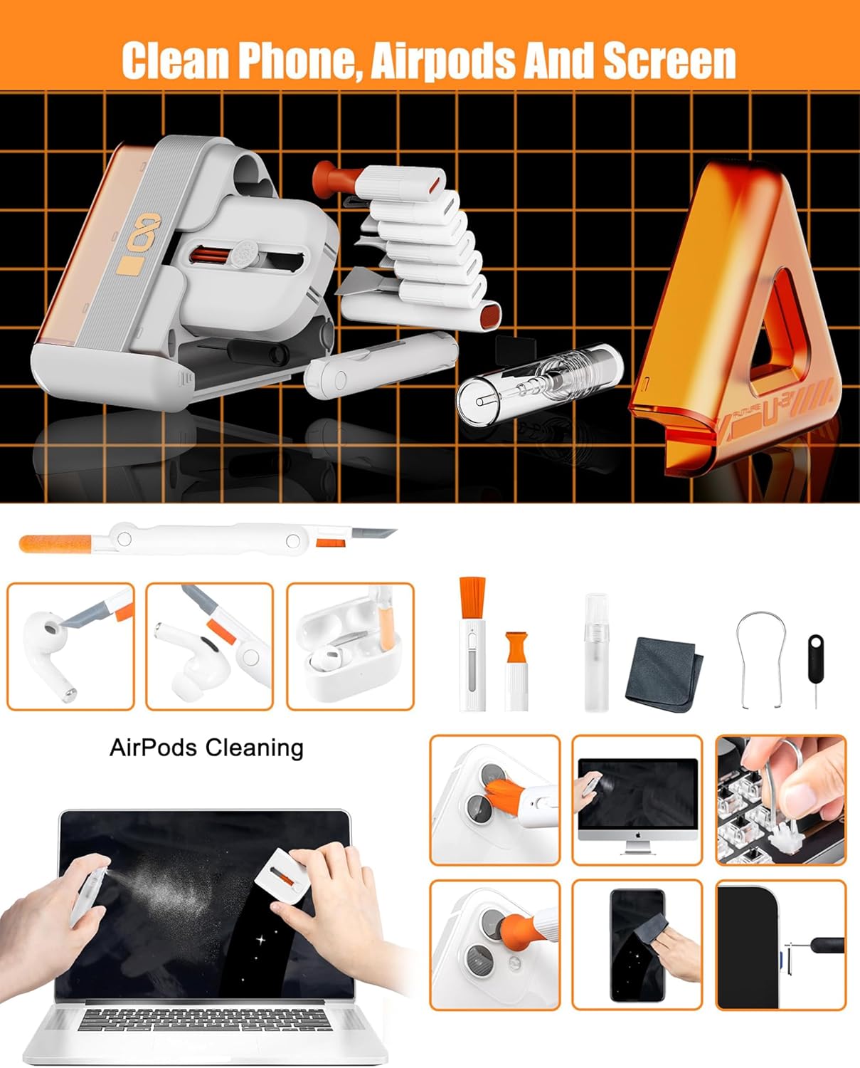 TEDBOX 21 Laptop, Phone, and Electronics Cleaning Kit with Spray, Microfiber Cloth, Brush, Tools (Triangle)