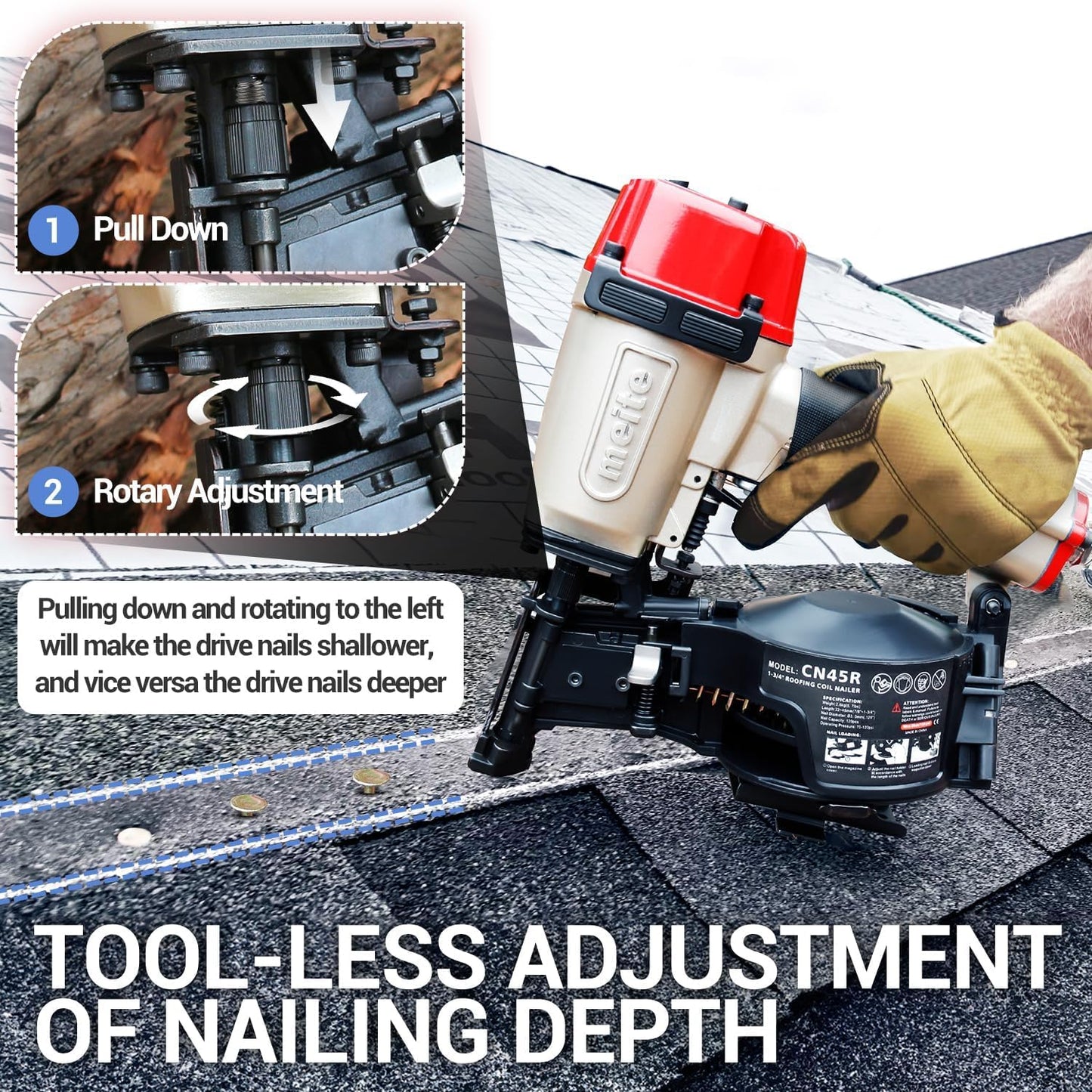 meite CN45R Coil Roofing Nailer 15 Degree Pneumatic Nail Gun for Asphalt Shingles Underlayment Decking Roof Repair, Air Roofing Nail Gun with Tool-Free Depth Adjustment Accepts 7/8" to 1-3/4" Nails
