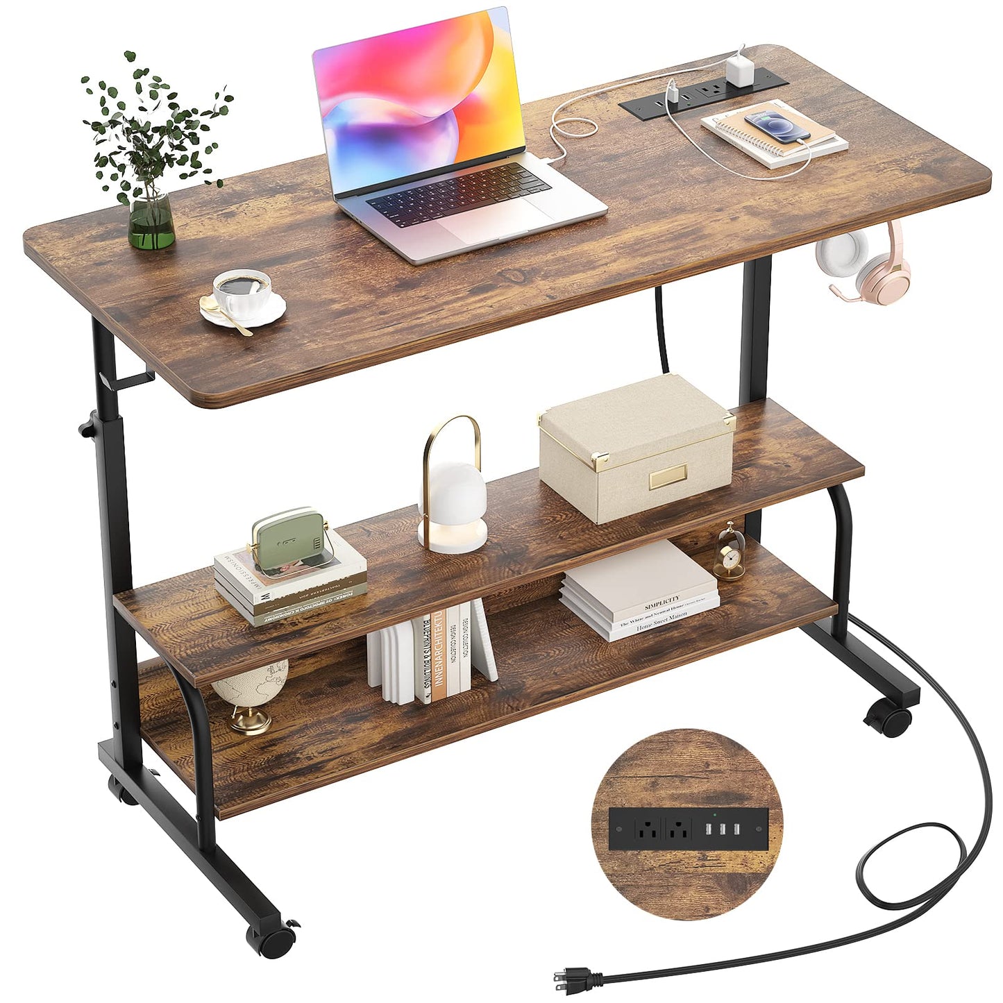 Armocity Rolling Standing Desk with Charging Station, Portable Height Adjustable Mobile Computer Desk with Wheels & 2-Tier Shelves & Hooks, Easy Assembly Laptop Table for Couch Bed, 39" Rustic Brown