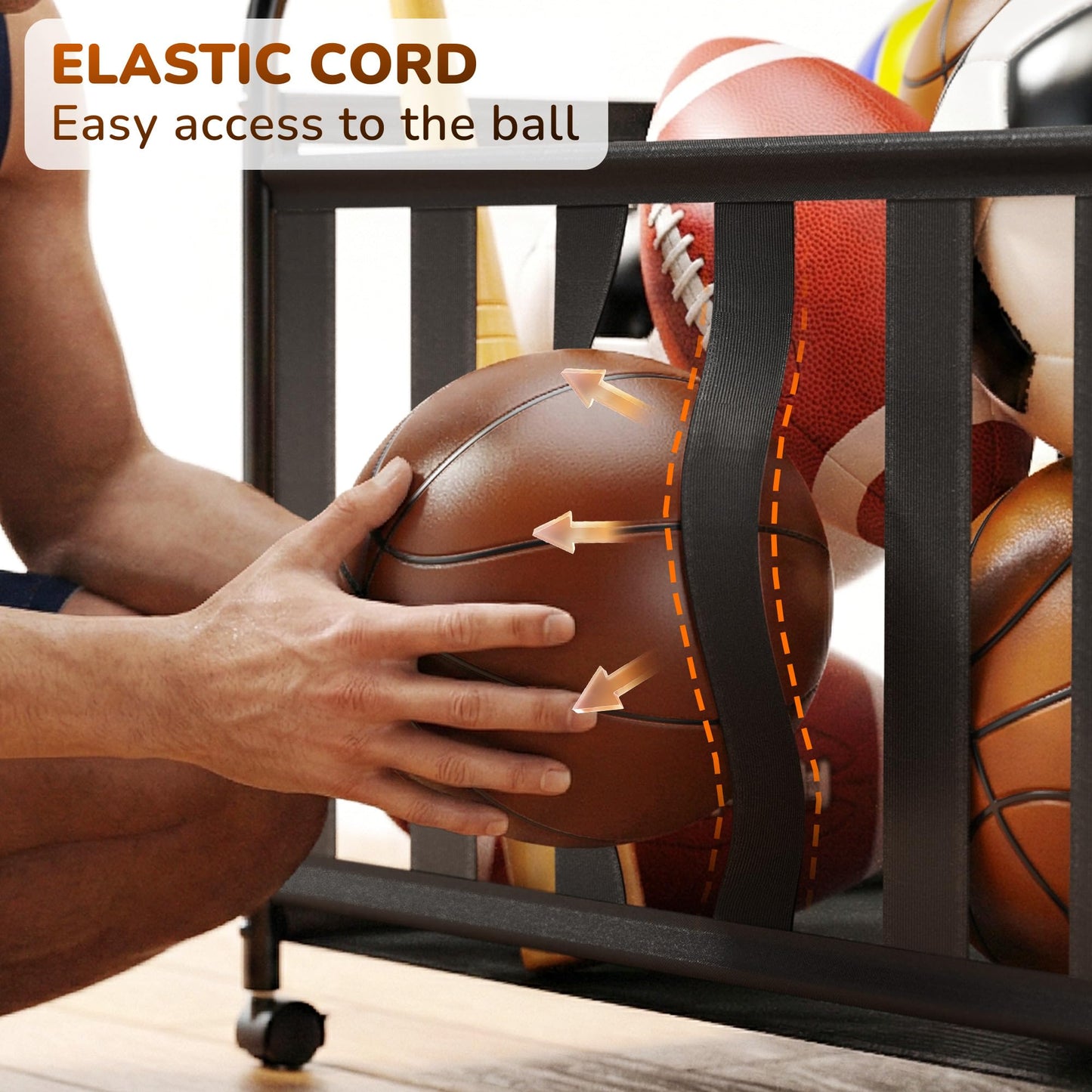 CACHOLIV Garage Sports Equipment Organizer with Wheels - Garage Ball Storage with Elastic Rope and 6 Hooks - Home Gym Storage for Basketball Soccer - Outdoor Storage Rack for School Playground (Black)