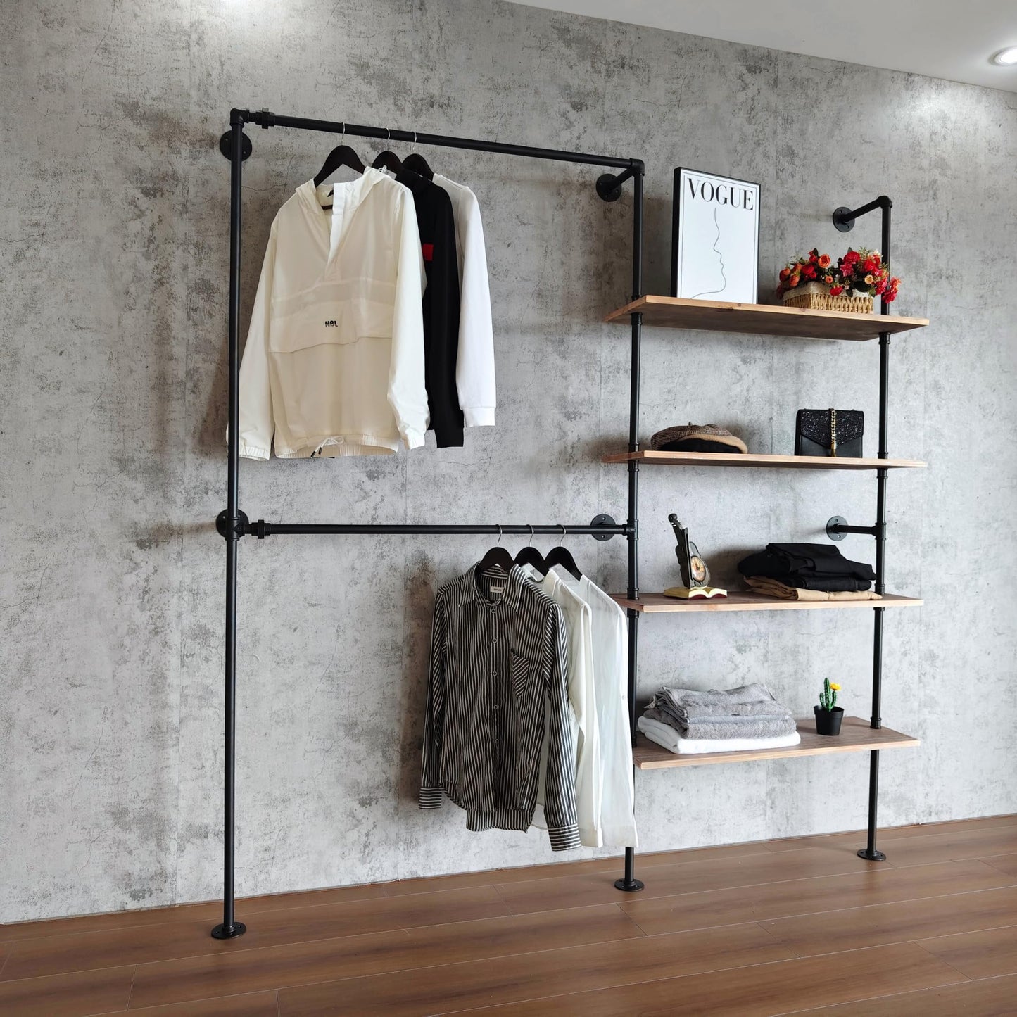 Anynice Industrial Pipe Clothing Rack, Wall Mounted Garment Black Wall Hanging Clothing Rack, Heavy Duty Clothes Rack for Walk in Closet Storage, Laundry Room, 14.6x76x82.7 Inches, Model Y02