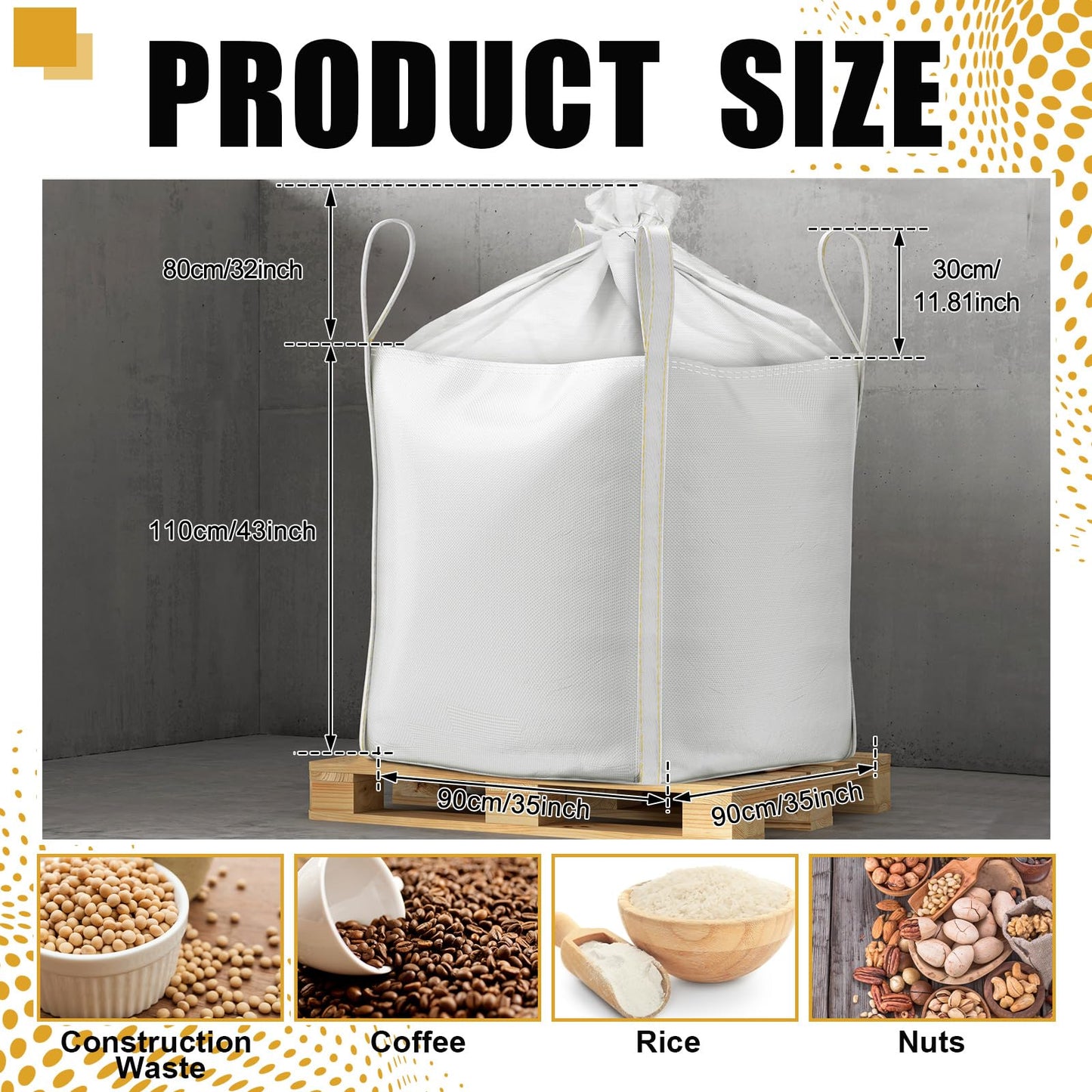 Hoolerry 10 Pcs FIBC Bulk Bag, 1.5 Ton 35" L x 35" W x 43" H 3300lbs Construction Dumpster Bag Heavy Duty Large Duffle Top Flat Bottom Woven Polypropylene Container for Sand Concrete Industrial